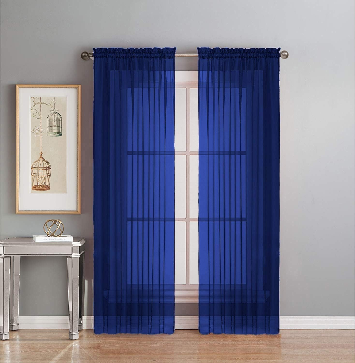 2 Piece Fully Stitched Sheer Voile Window Panel Curtain Drape Set (63" Long, Royal Blue)