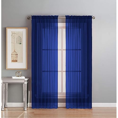 Interior Trends 2 Piece Fully Stitched Sheer Voile Window Panel Curtain Drape Set (63" Long, Royal Blue)