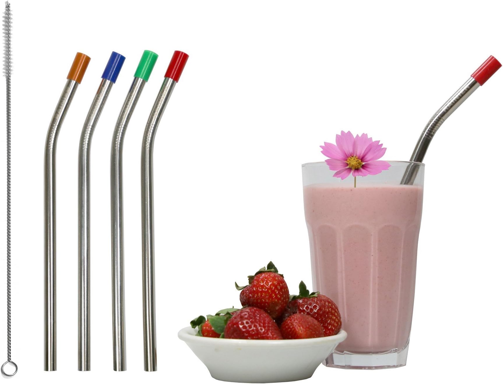 RAINIER Smoothie Drinking Straws | Extra Wide Reusable Stainless Steel Metal | Jumbo Size for Thick, Chunky, Frozen Drinks & Boba Tea | Set of 4 with Comfort Tips, Cleaning Brush (Angled, 3/8Wx8.5L)