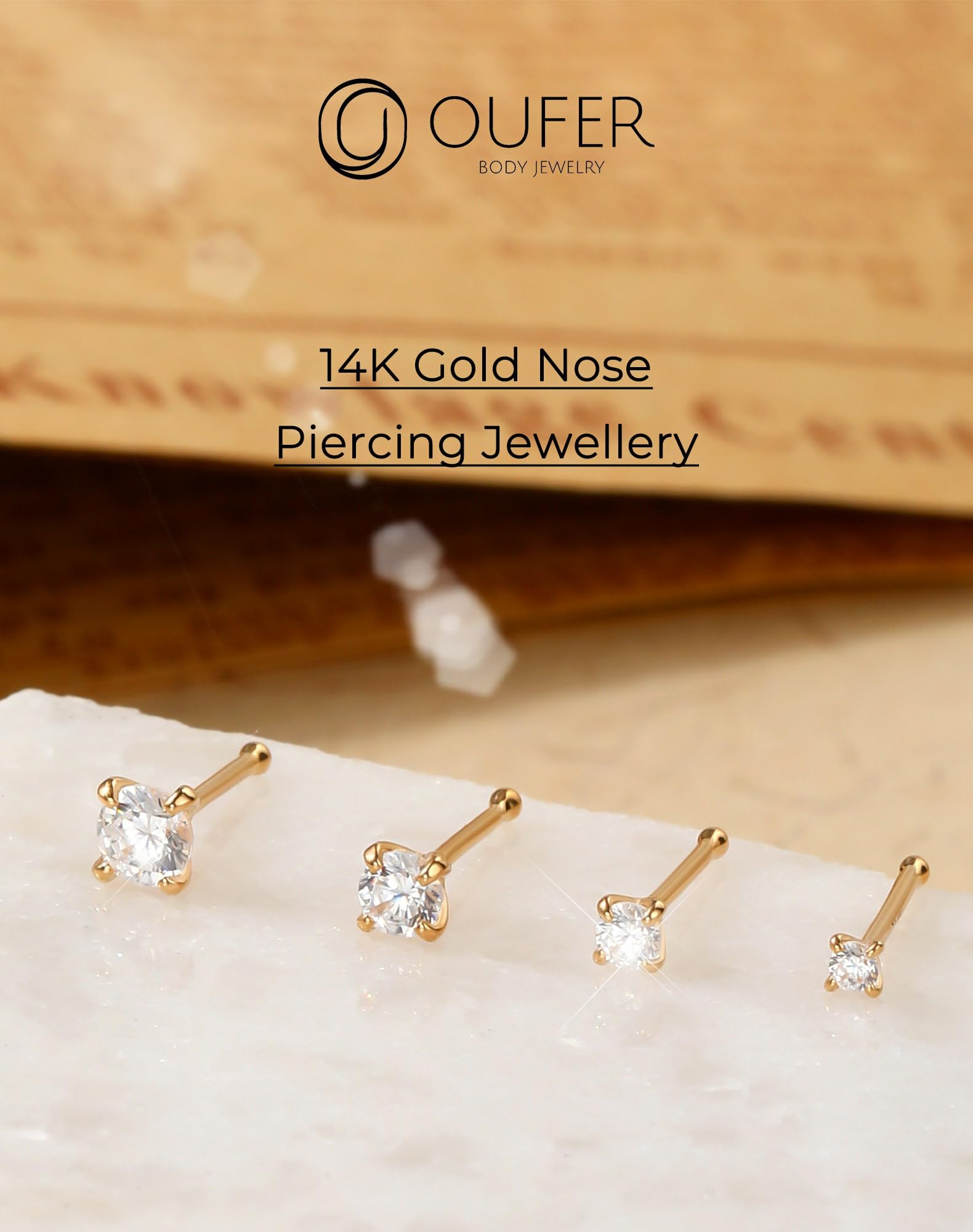 OUFER Body Piercing Nose Stud 14K Gold Nose Bar Clear 1.5/2/2.5/3mm CZ Nose Rings Bone Studs 22G Nostril Piercings Tiny Nose Piercing Jewelry for Women Men