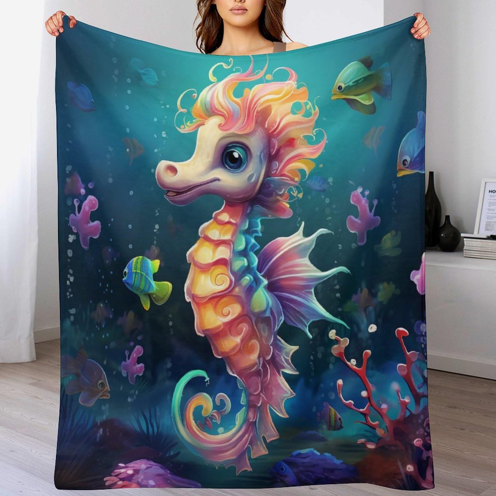 Couverture polaire hippocampe 130x180 cm en flanelle imprimée pour lit et canapé