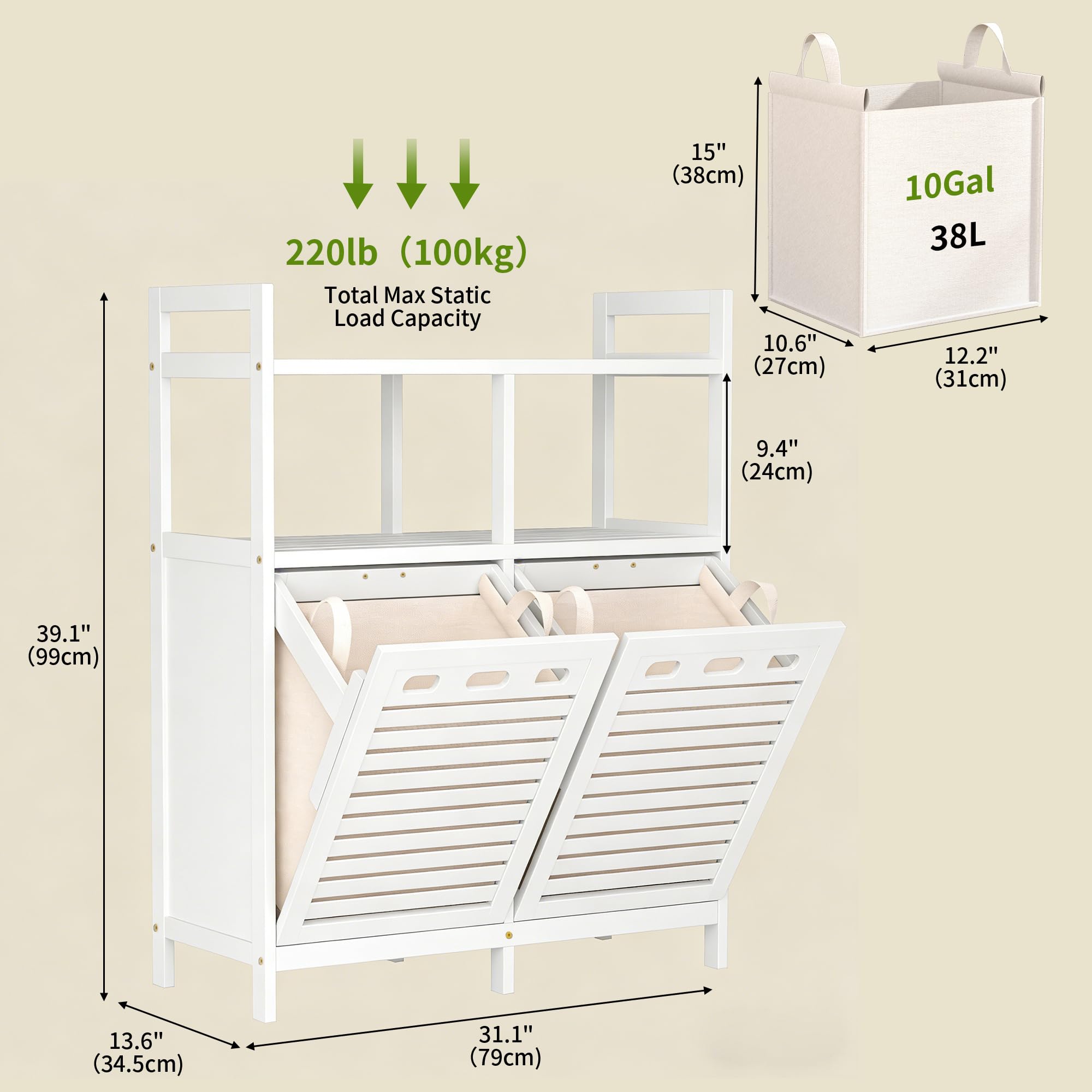 VASMIA Armario de Baño con Cesto de La Ropa, Bambú Mueble de Baño con Bolsas para La Ropa, con 2 Estantes, con Cestas de Lavandería Extraíbles (2*38 L), para Baño, Dormitorio, Cuarto de Lavado, Blanco