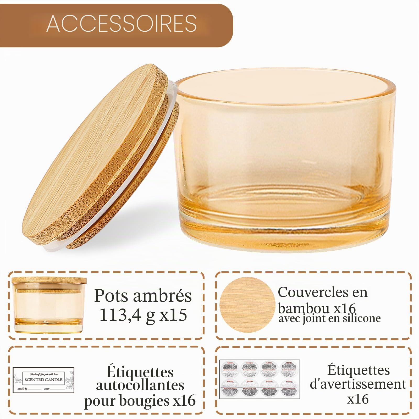 CONNOO Lot de 15 bocaux en verre ambré doré de 118 ml avec couvercles hermétiques en bambou pour la fabrication de bougies, récipients à bougies vides avec étiquettes adhésives