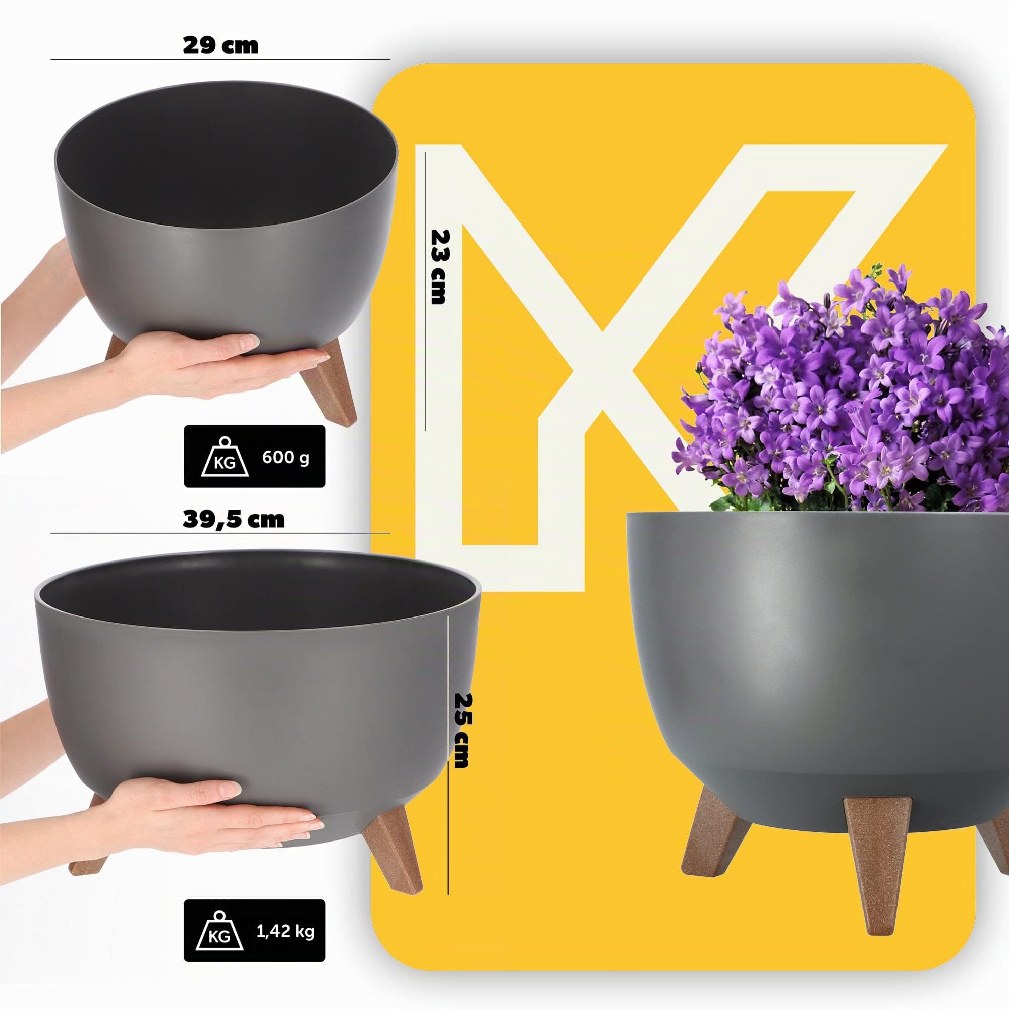 KADAX Vaso Rialzato in Plastica per Piante da Interno ed Esterno, Coprivaso Decorativo con Piedistallo Simil-Legno (Set di 2: 29 e 39.5 cm, Grigio Scuro)