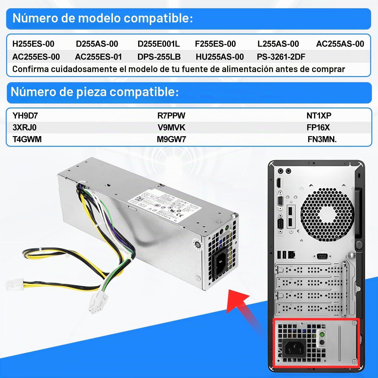 NT1XP YH9D7 - Fuente de alimentación PSU para Dell Optiplex 3020/7020/9020 y Precision T1700 SFF Systems R7PPW 3XRJ0 V9MVK FP16X T4GWM M9GW7 FN3MN H255ES-00 D25AS-0 0 F25 5 ES-00