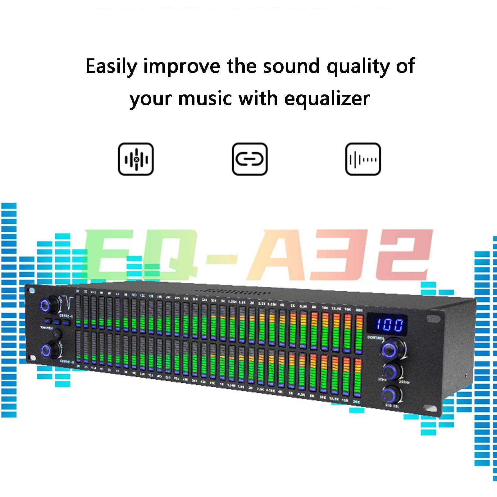 Égaliseur numérique 31 Bandes, égaliseur Graphique stéréo Double Canal, avec Affichage du Spectre LED, Personnalisation de 10 résultats prédéfinis, pour système Audio Professionnel Audio Domestique