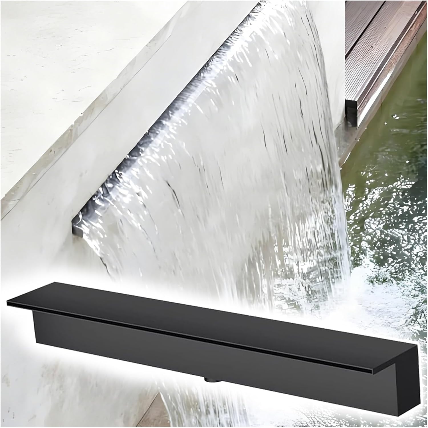 Pool Fountain, Stainless Steel Pond Waterfall Spillway Box with Pipe Connector Kits, Outdoor Fountain Water Feature Decor for Garden Patio Backyard(Black,23-inch Water Outlet)