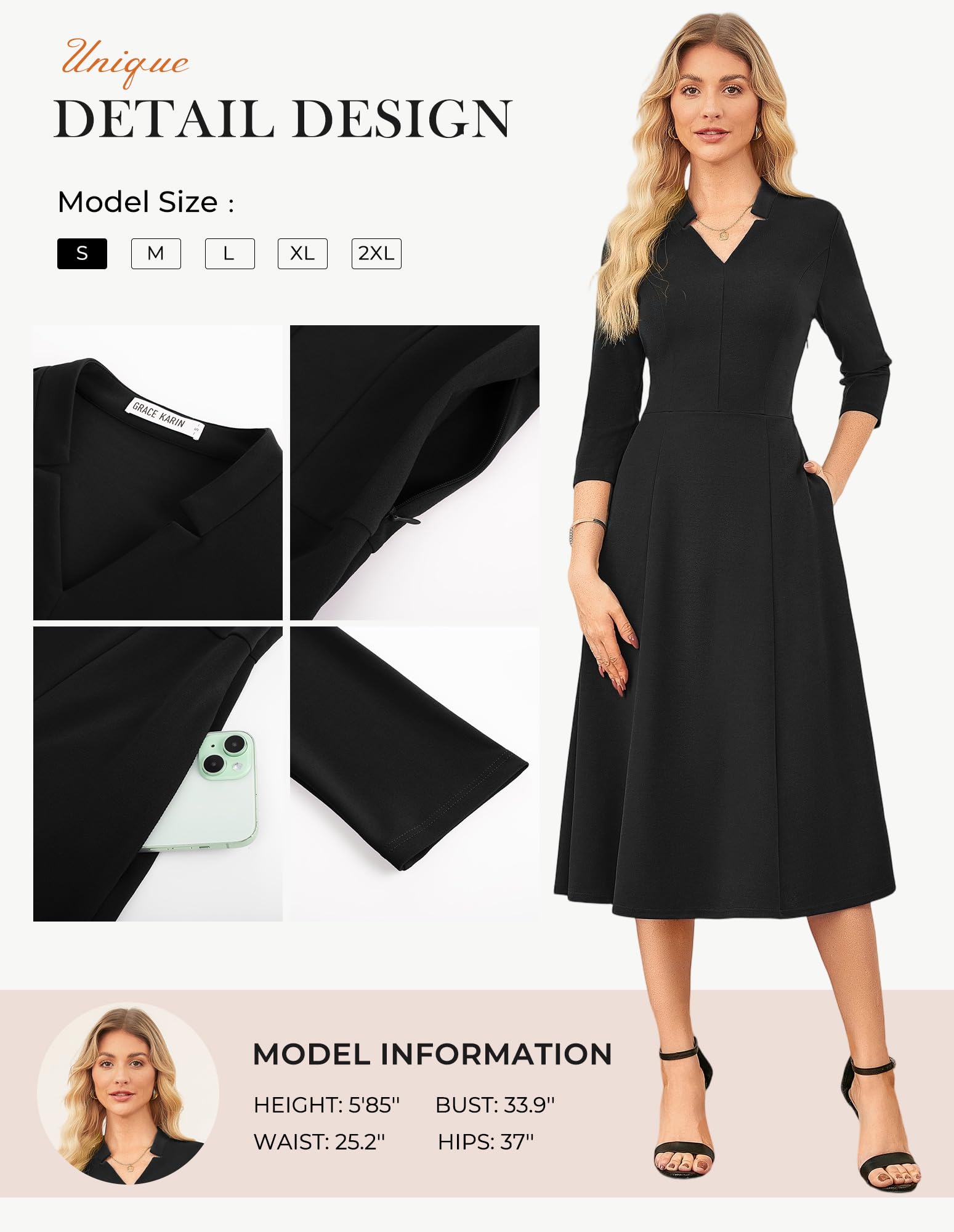 GRACE KARIN Arbeitskleider für Damen 2025, Midi-Business-Kleid, 3/4-Ärmel, klassische Passform und ausgestelltes Kleid mit Tasche