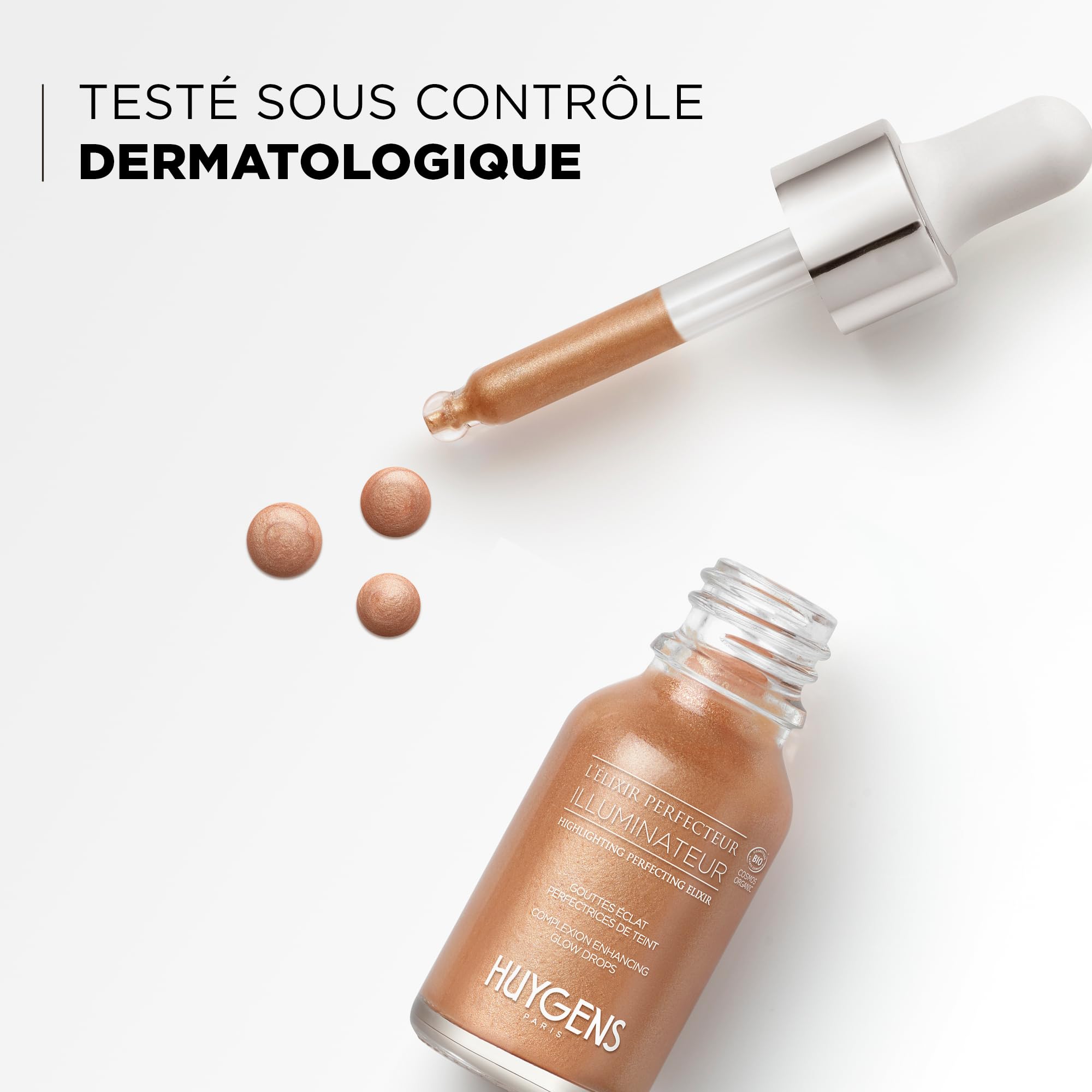 HUYGENS Élixir Perfecteur Illuminateur – Sérum Highlighter Liquide Effet Glow – Enlumineur de Teint Bio Hydratant – Eau de Source Marine, Aloe Vera & Nacres Dorées – 15 ml