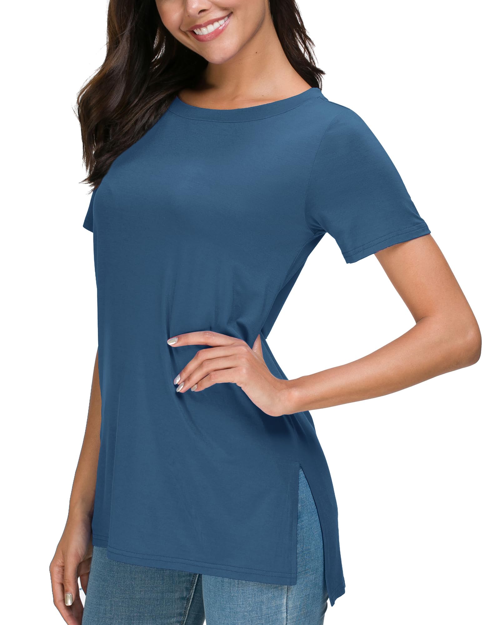 Herou Summer Women Casual Short Sleeve Tops T-Shirts Tees with Side Split