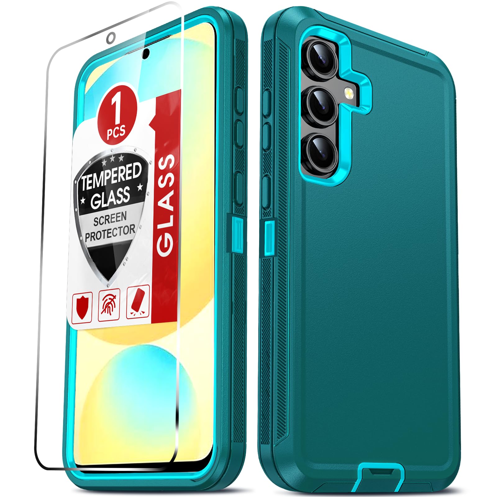 LeYi Compatible for Samsung S24-FE Case: with 1PCS Screen Protector, Heavy Duty Work & 3 in 1 Layer Coque, Military Grade Rugged Protection Etui/Case/Cover for Samsung Galaxy S24 FE/ 24 FE, Teal