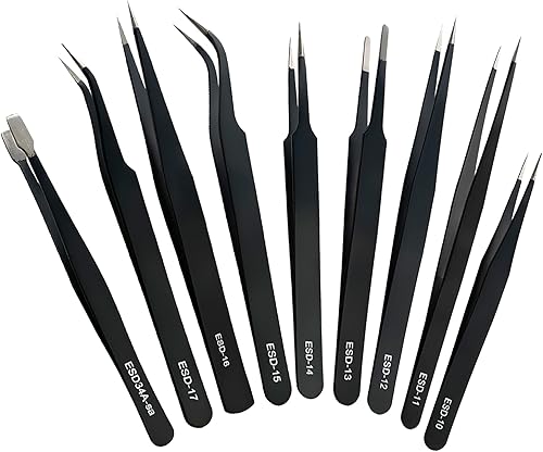 Miniatura 6 de Juego de 9 pinzas ESD de precisión, pinzas inoxidables no magnéticas y antiestáticas, con bolsa de lona de almacenamiento para manualidades,