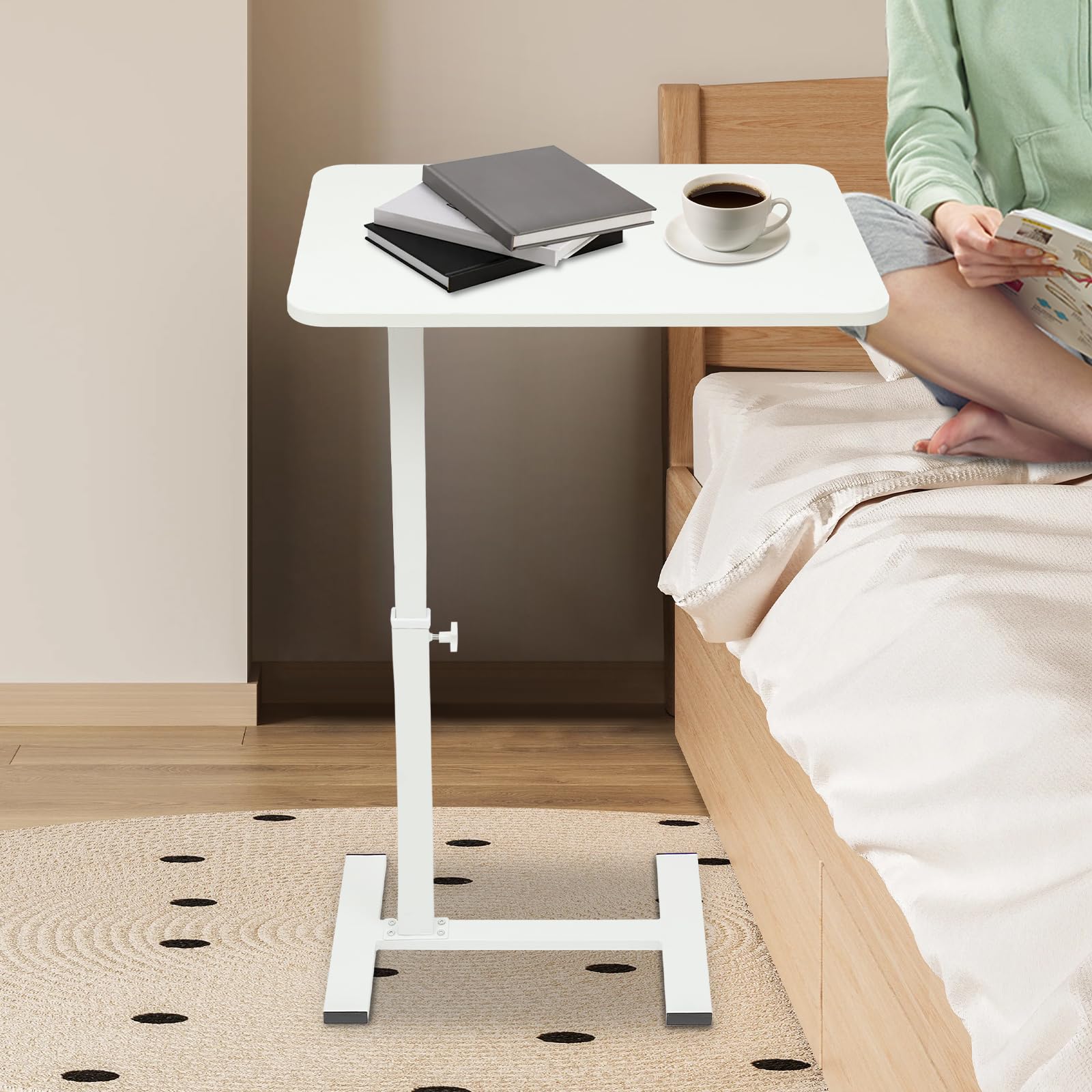 GUDBYWXB Overbed Bedside Table with Wheels, Adjustable Bed Table, Mobile Standing Desk, Rolling Laptop Table, 44.09lbs Load Capacity, for Homes, Offices (White)