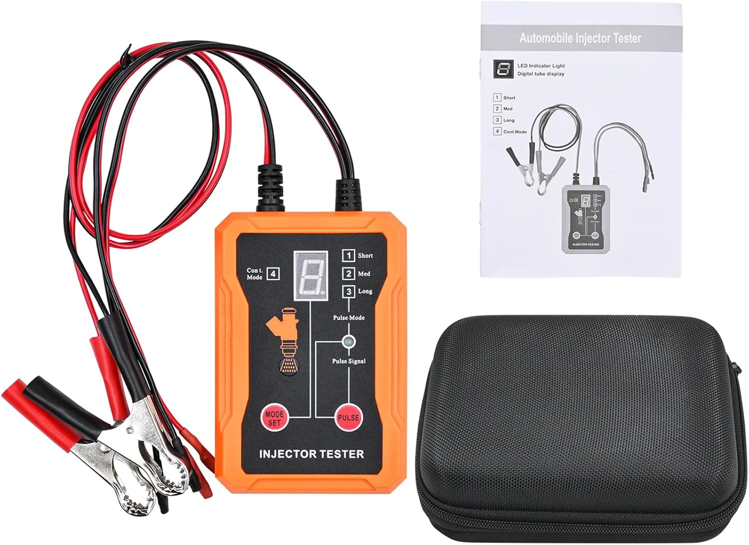 Fuel Injector Tester Cleaner Tool, 2 Injector Pulse Tester, Black and Orange - 4 Pulse Modes, Short Circuit Protection, 12V Power Supply for Gasoline Engines