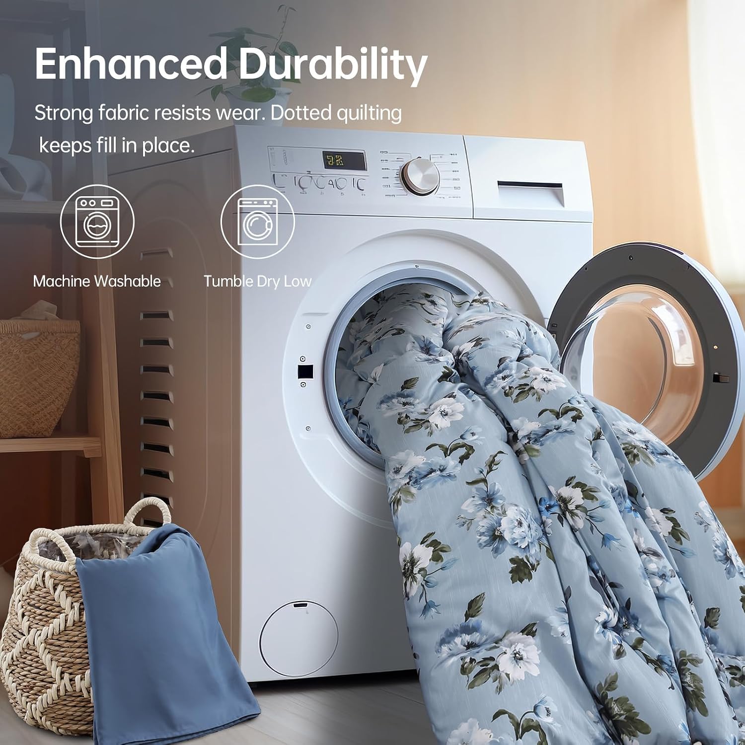 Dinjoy Floral Comforter Set Full Size, 7 Piece Blue Bedding Cute Comforters for Women Girls, Botanical Bed in a Bag with Flowers Lightweight Farmhouse Comforter with Sheet All Season