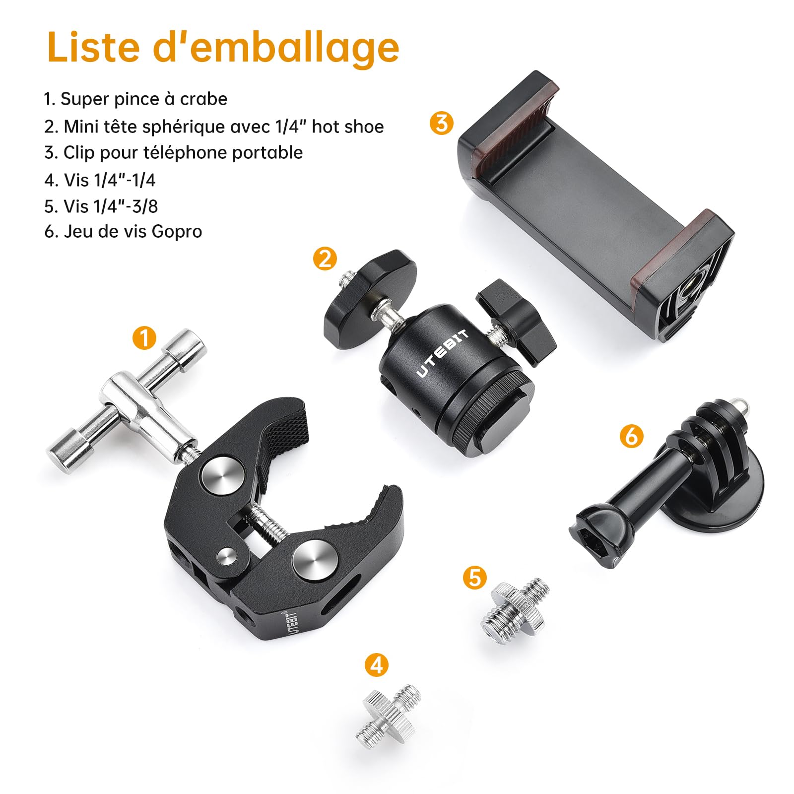UTEBIT Pince Trépied Bras Magique, Super Clamp avec Rotule Pivotante à 360° en Alliage Aluminium, Bras Articulé Support pour Appareil Photo, Lampe Vidéo, et Caméra Action