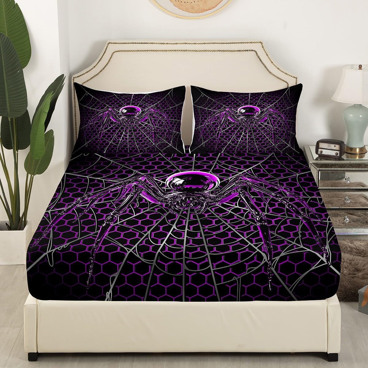 Purple Spider Kids Fitted Sheet Queen Size,Honeycomb Hexagon Bedding Sets 3Pcs for Boys Teens Men Room Decor,Wild Animals Bed Sheet Modern Cool Deep Pocket Sheet,2 Pillowcases