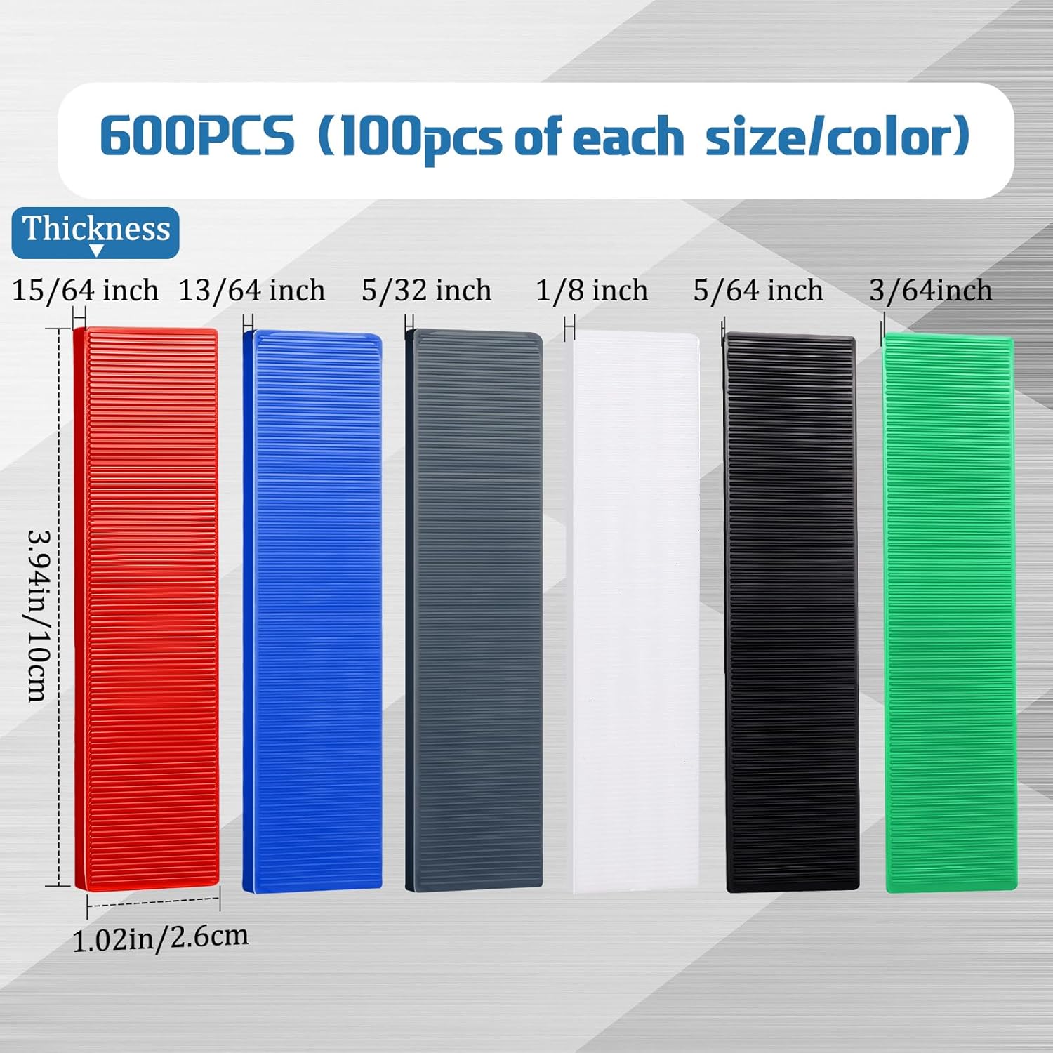 Konohan 600 Pcs Plastic Flat Shims Structural Tile Plastic Shims for Leveling, 3/64, 5/64, 1/8, 5/32, 3/16, 1/4, Green, Black, White, Grey, Blue, Red