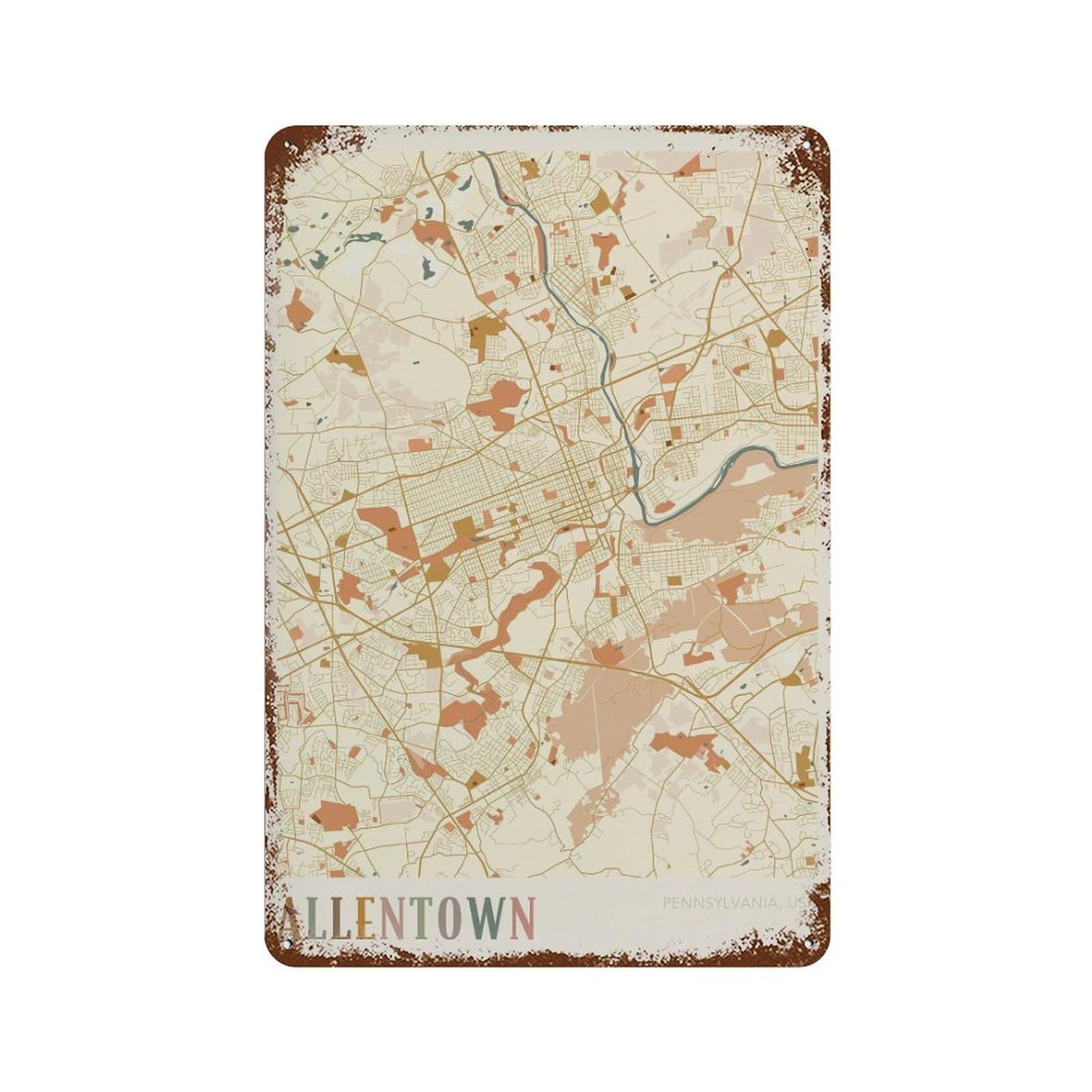 xiaoxiaoshen Allentown Map Pennsylvania Travel Gift Boho Decor (2) Wall Decor Art Metal Tin Poster Modern Home Decor Art Home Bar Shop Decorations Vintage Sign 30x20cm