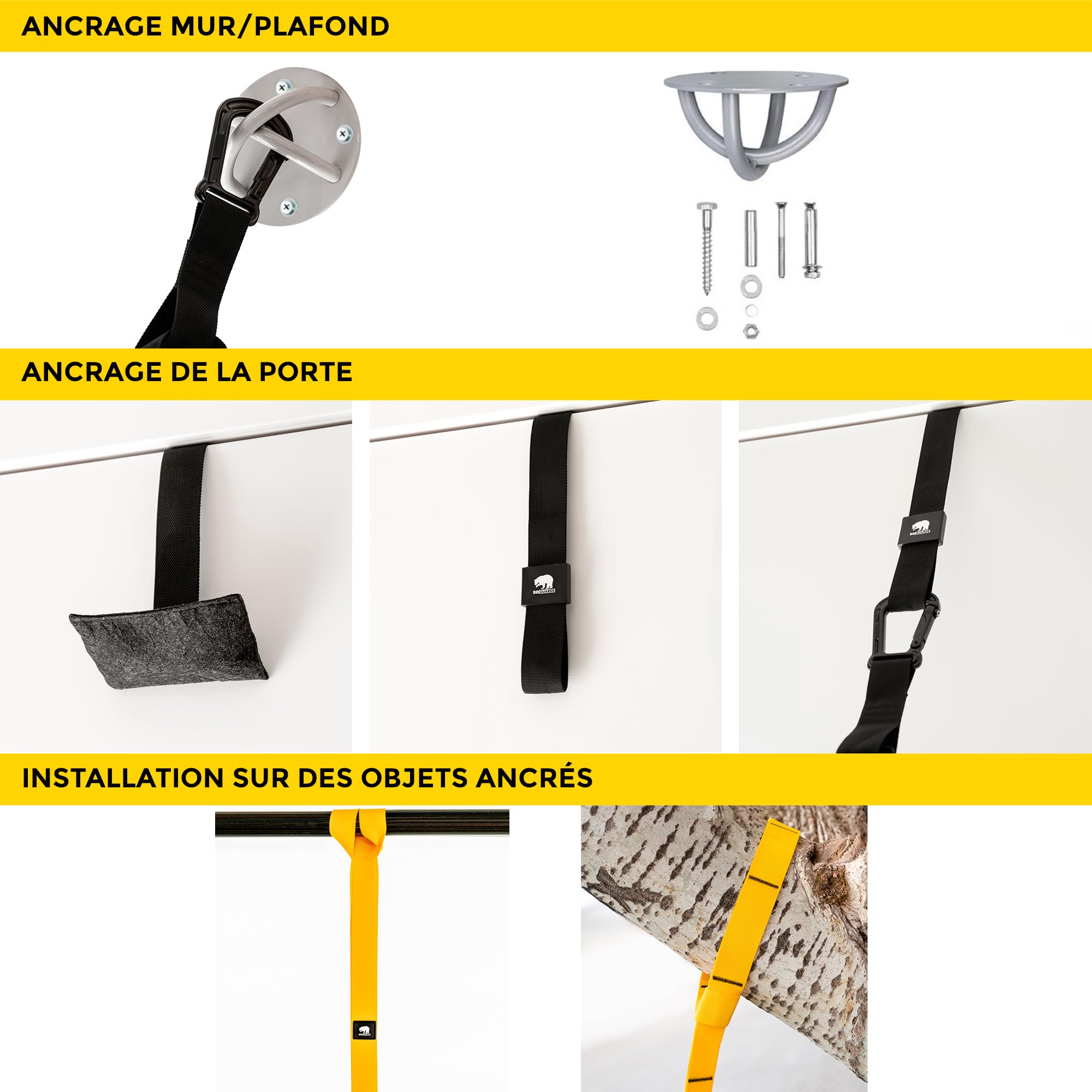 Sangles de suspension (fixation murale et de porte incluse), roulette abdominaux et bande élastique musculation. Appareil de musculation avec roue abdominale, bande élastique et sangle suspension
