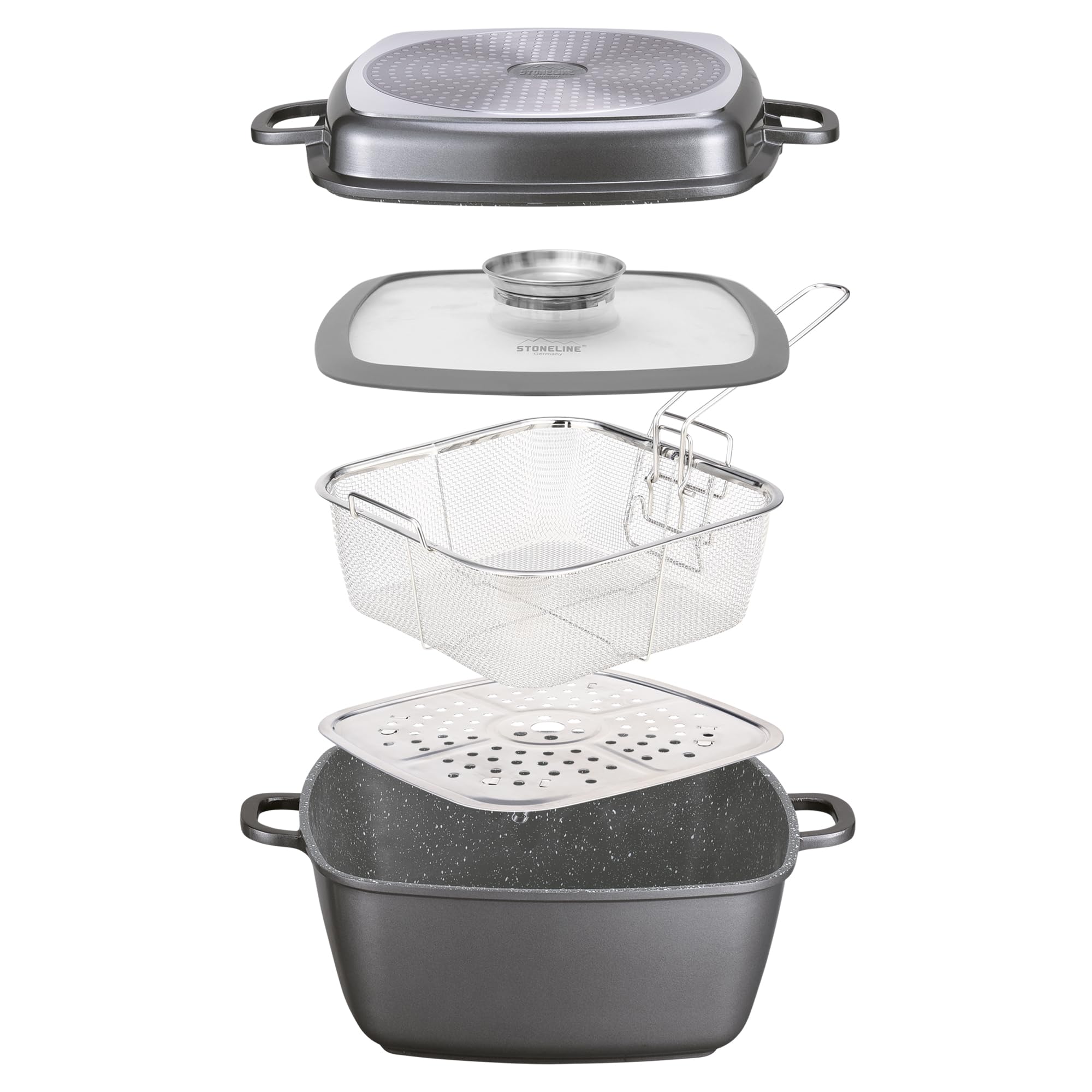 STONELINE Cocotte carrée multi-usage 28x28 cm, avec fonction Vapeur et Friture, convient à l'Induction, en Fonte d’Aluminium, Revêtement Antiadhésif avec de vraies particules de pierre, Gris