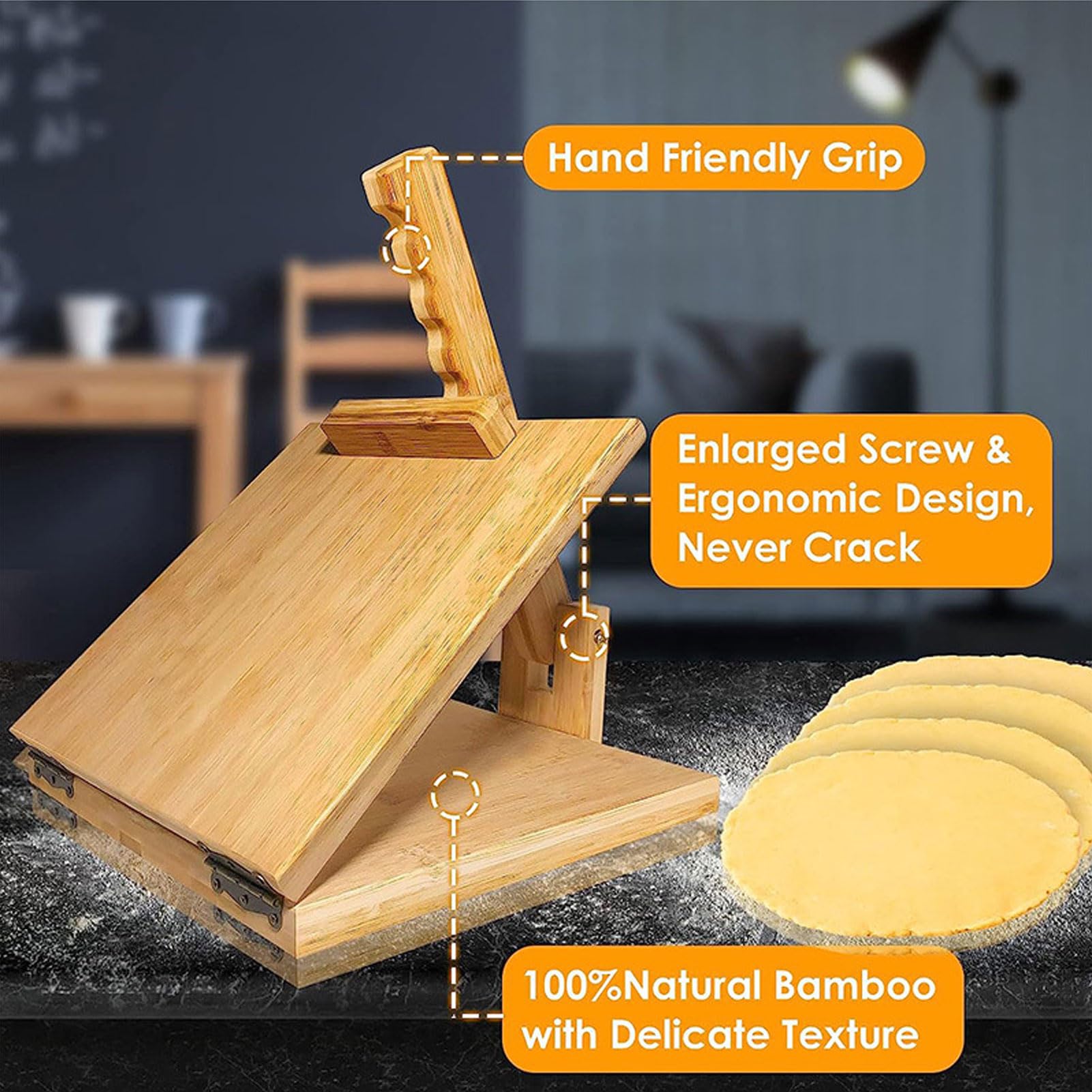 Wooden Tortilla Press Maker with Rolling Pin and 50 Sheets Parchment Paper Manual Dough Press Machine for Home Kitchen