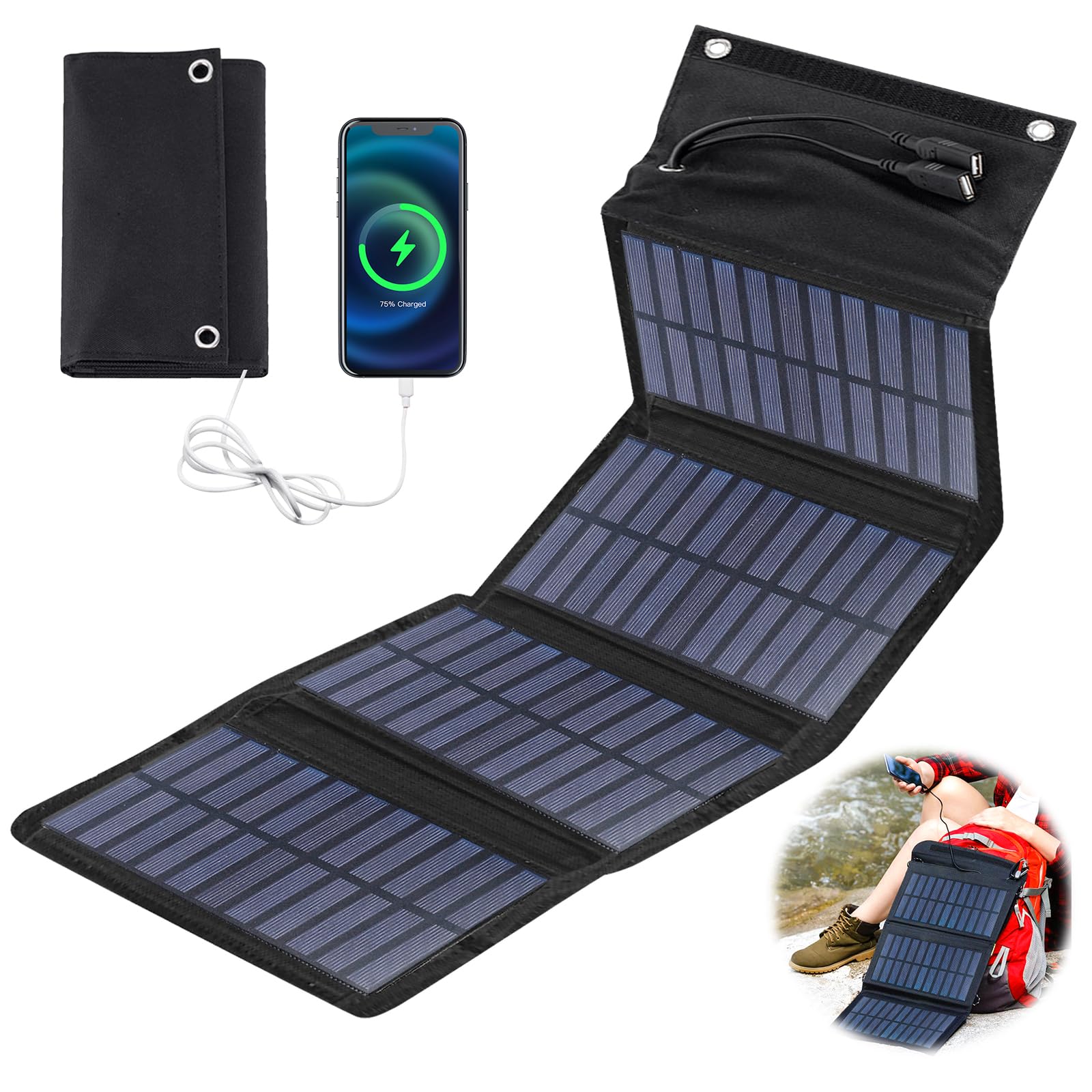 BYZESTY Pannello Solare Portatile 10W – Pieghevole, 2 USB, Impermeabile, Per Telefono E Powerbank, Per Campeggio