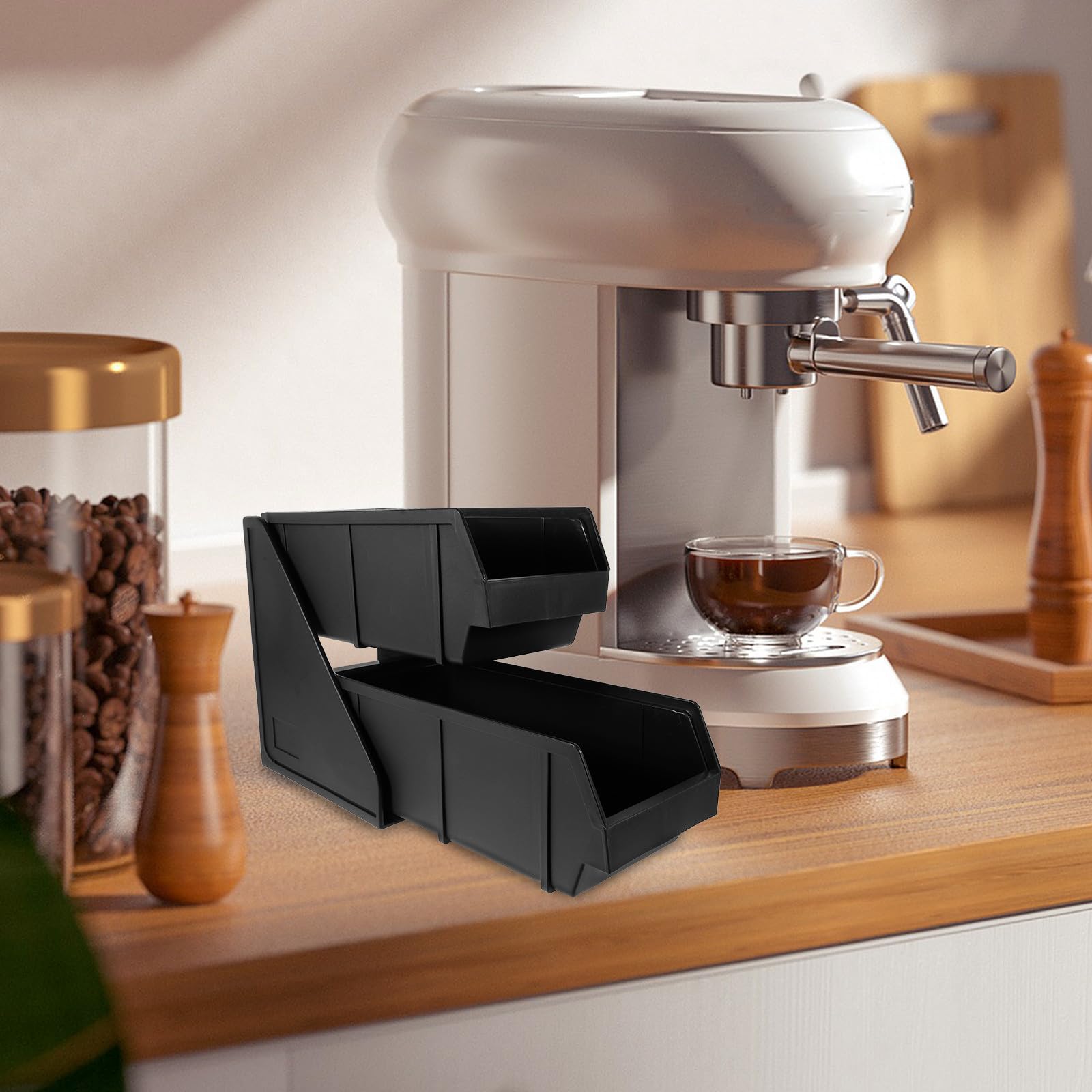 Organizador de Bolsitas de Café y Té de Plástico Negro, 3 Compartimentos