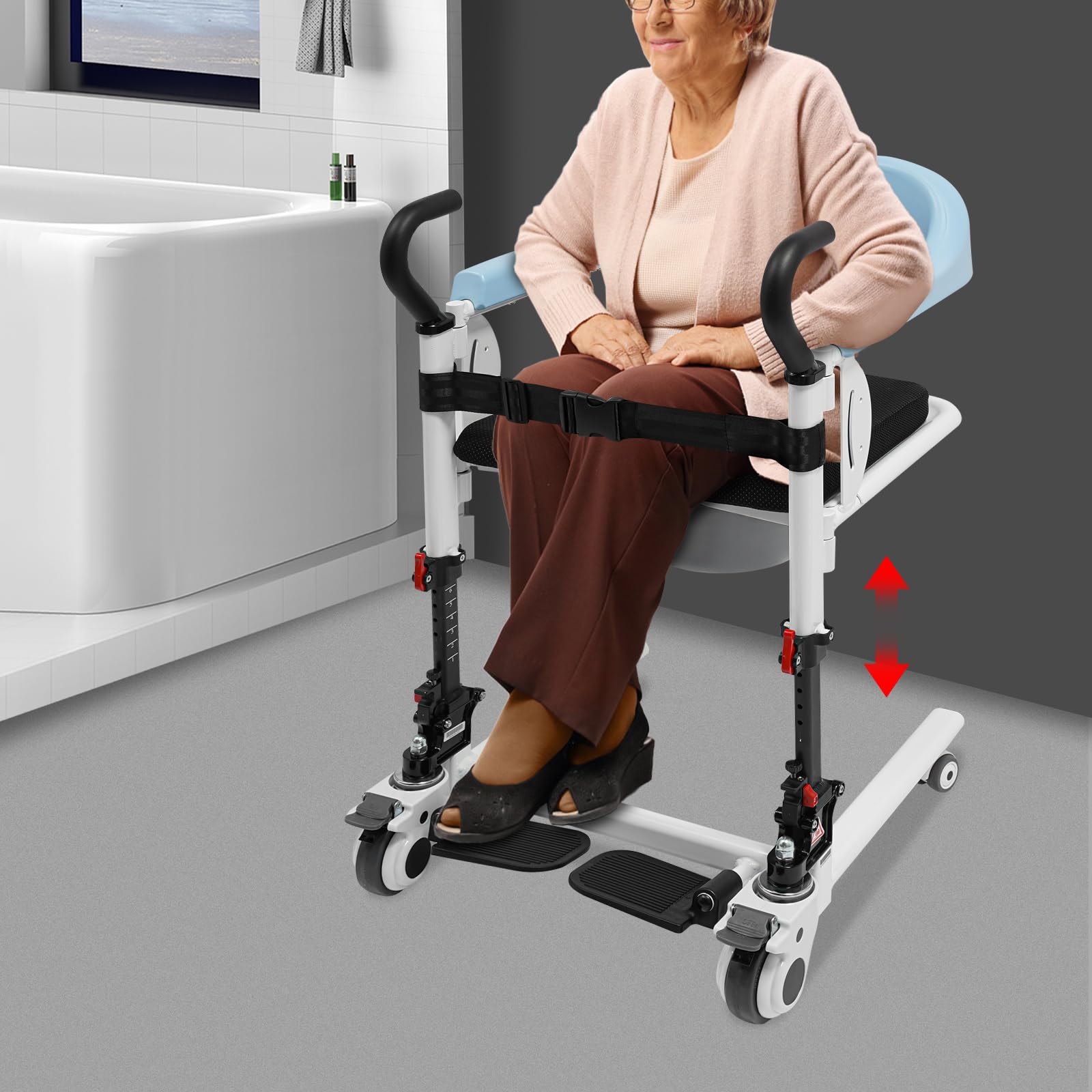 Silla de traslado, silla de transporte para pacientes, con asiento dividido de 180° y ruedas para hospitales, residencias de ancianos, centros de rehabilitación