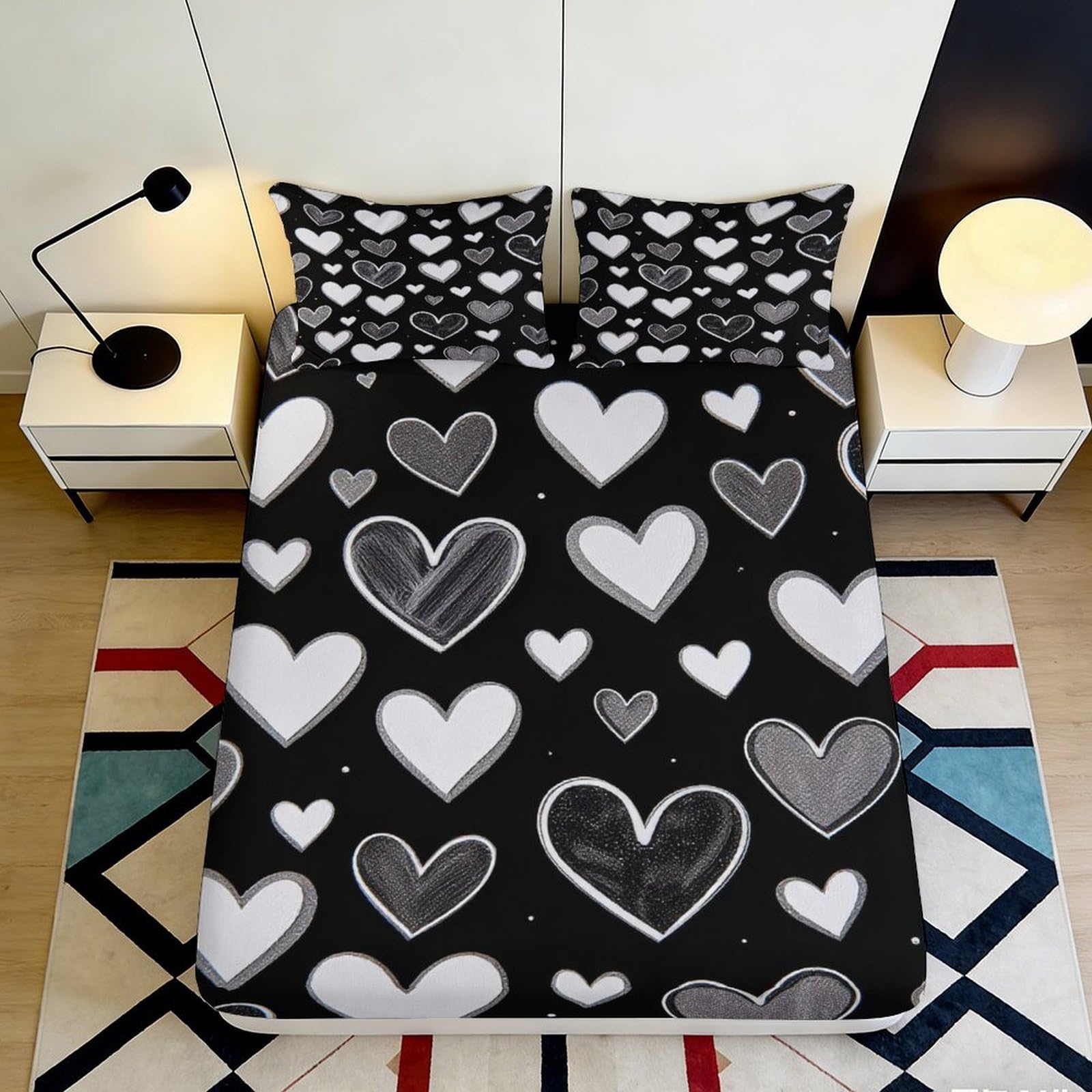 3D Printed Hearts Fitted Sheet Microfiber Deep Pocket Non-Slip Hearts Mattress Fitted Cover Bedroom Bedding Wrap 180x200x25cm