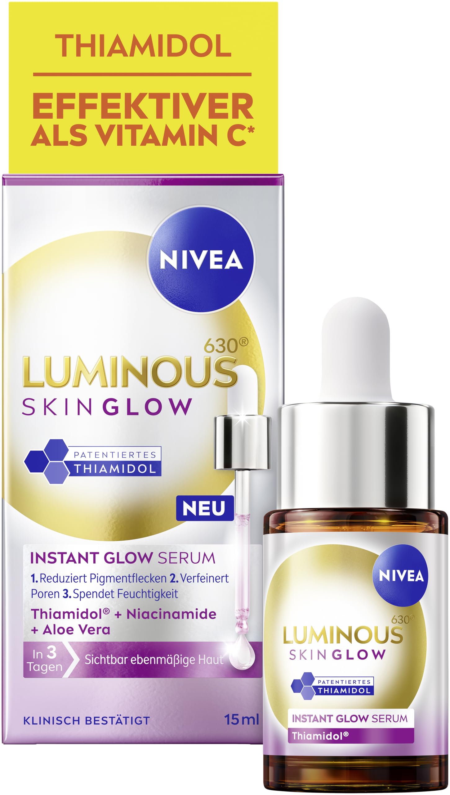 NIVEA LUMINOUS630 Skin Glow Instant Glow Serum, hocheffektives, leichtes Gesichtsserum für strahlende und ebenmäßige Haut, Gesichtspflege mit Thiamidol, Niacinamid & Aloe Vera (15 ml)