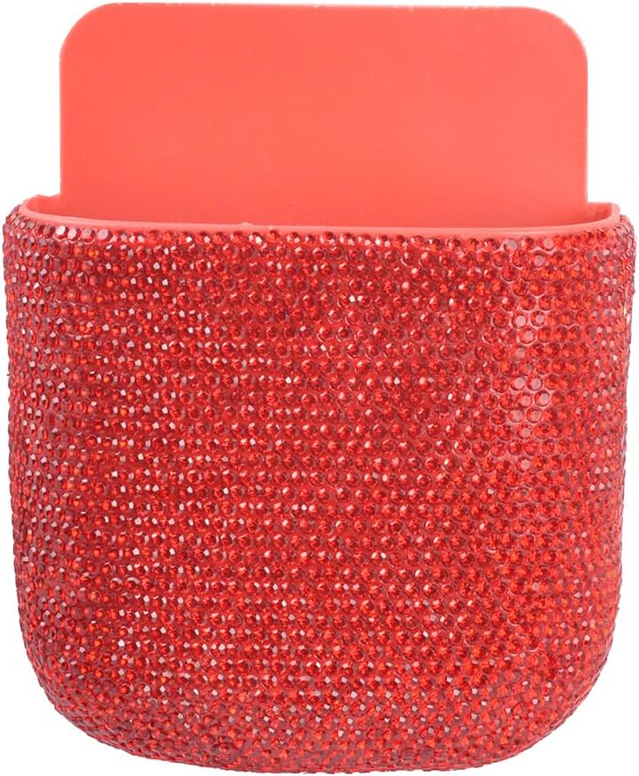 Rhinestone Wall-Mounted Storage Box, Adhesive Organizer for Remotes, Stationery & Small Items - Sparkling Decor with Strong Adhesive, Space-Saving Home Office Essential (Red)