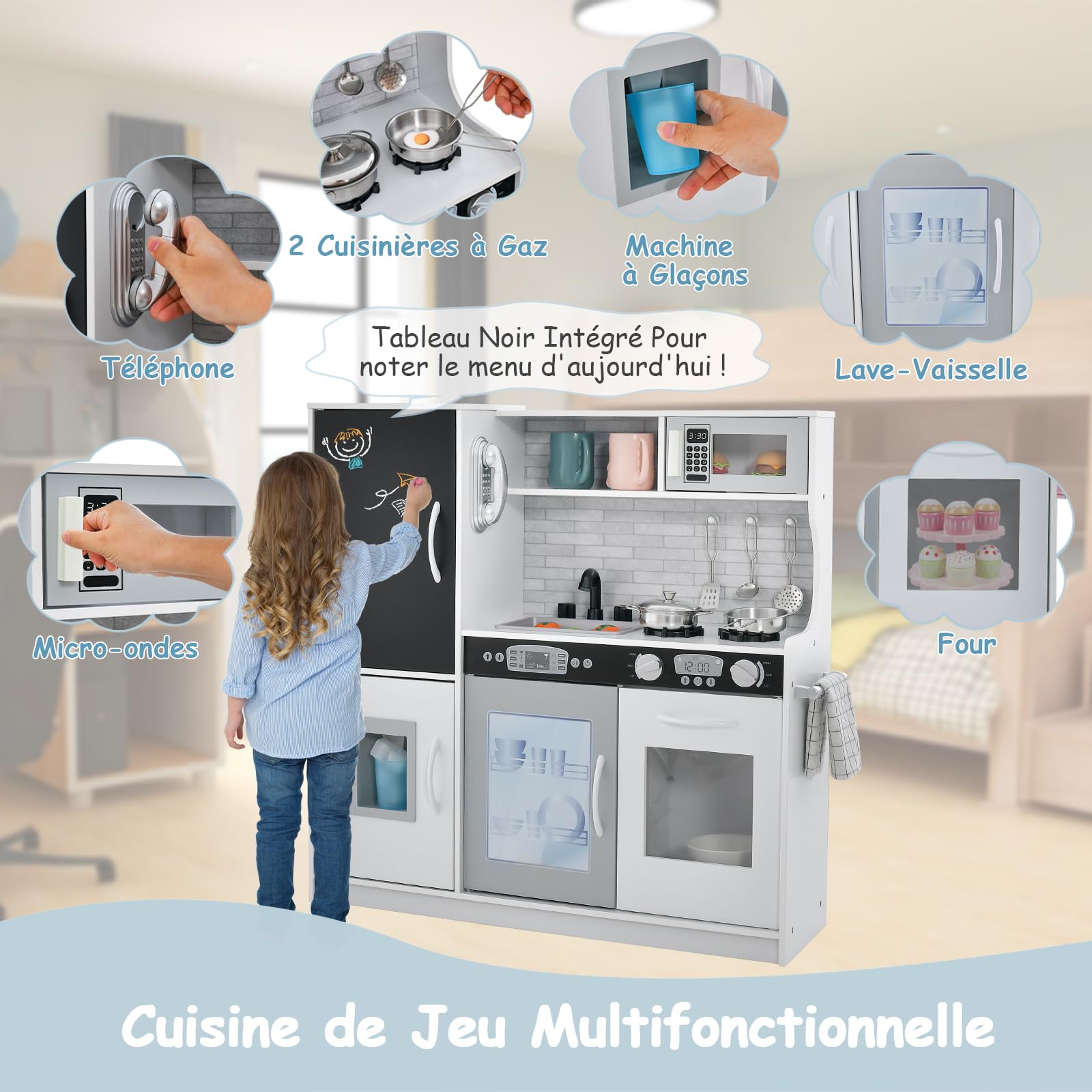 Cuisine En Bois Enfant, Cuisine D'angle Enfant Avec Effet Sonore Lumiere Hotte Micro Ondes Four Accessoires Riches Avec Pour 3 Ans Marron 97543354