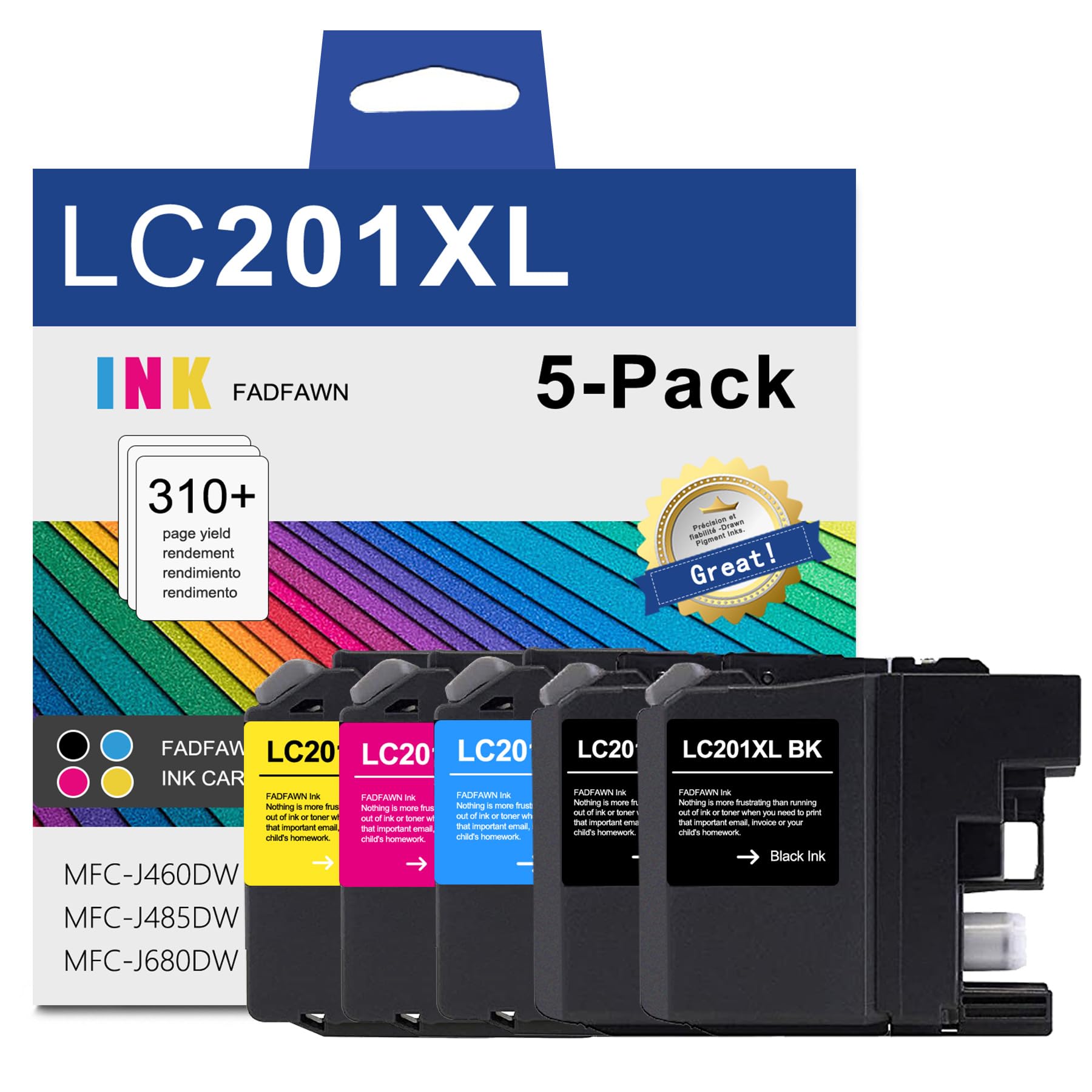 LC201XL Ink Cartridges (5-Pack, 2BK/1C/1M/1Y) Compatible LC201BK LC201C LC201M LC201Y Ink Cartridge Replacement for Brother LC201 LC203 XL Ink