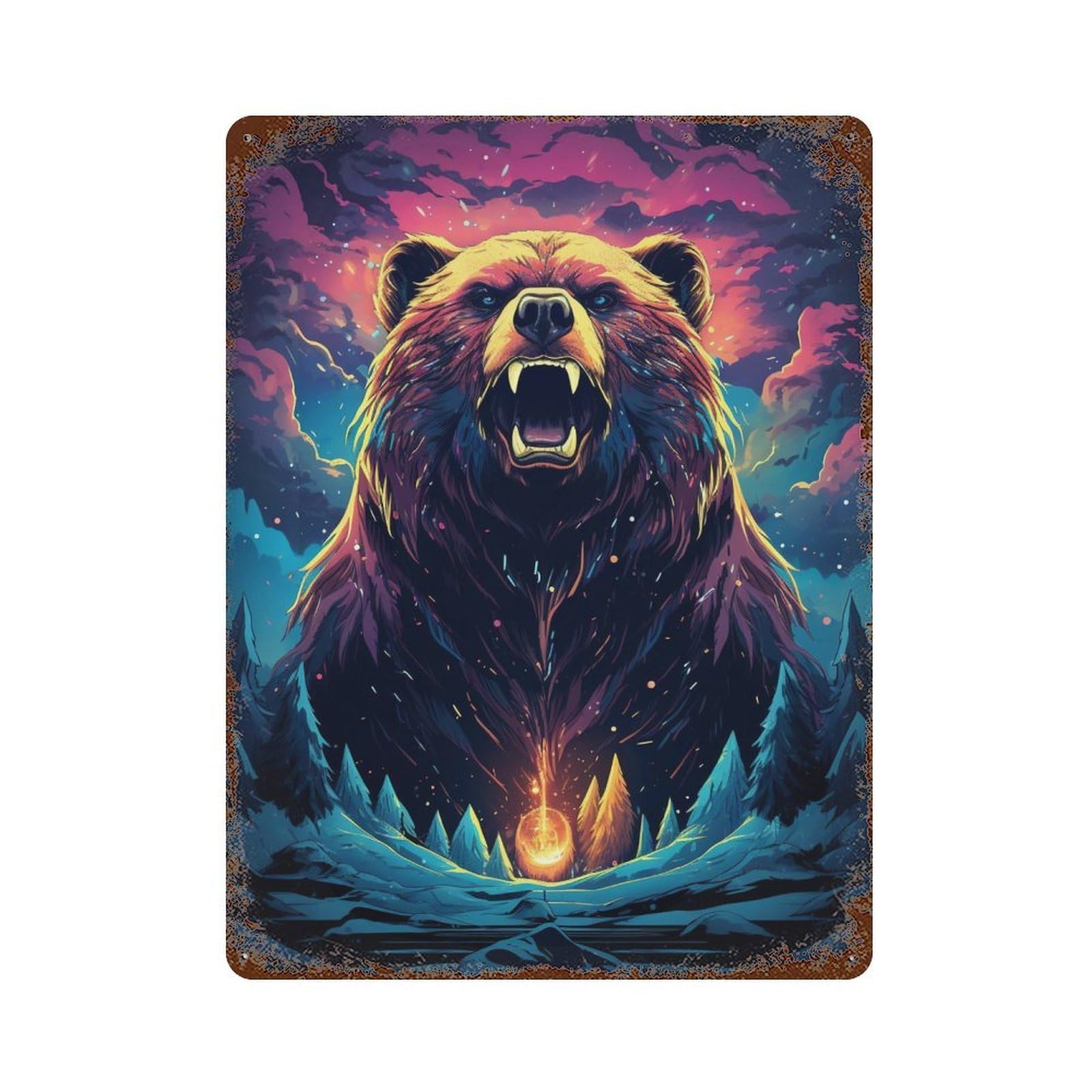 Grizzly Bear Night Art Print Rustic Tin Plaque 15.7"x11.8", for Pub, Kitchen And Man Cave Decor, Vintage Wall Decor