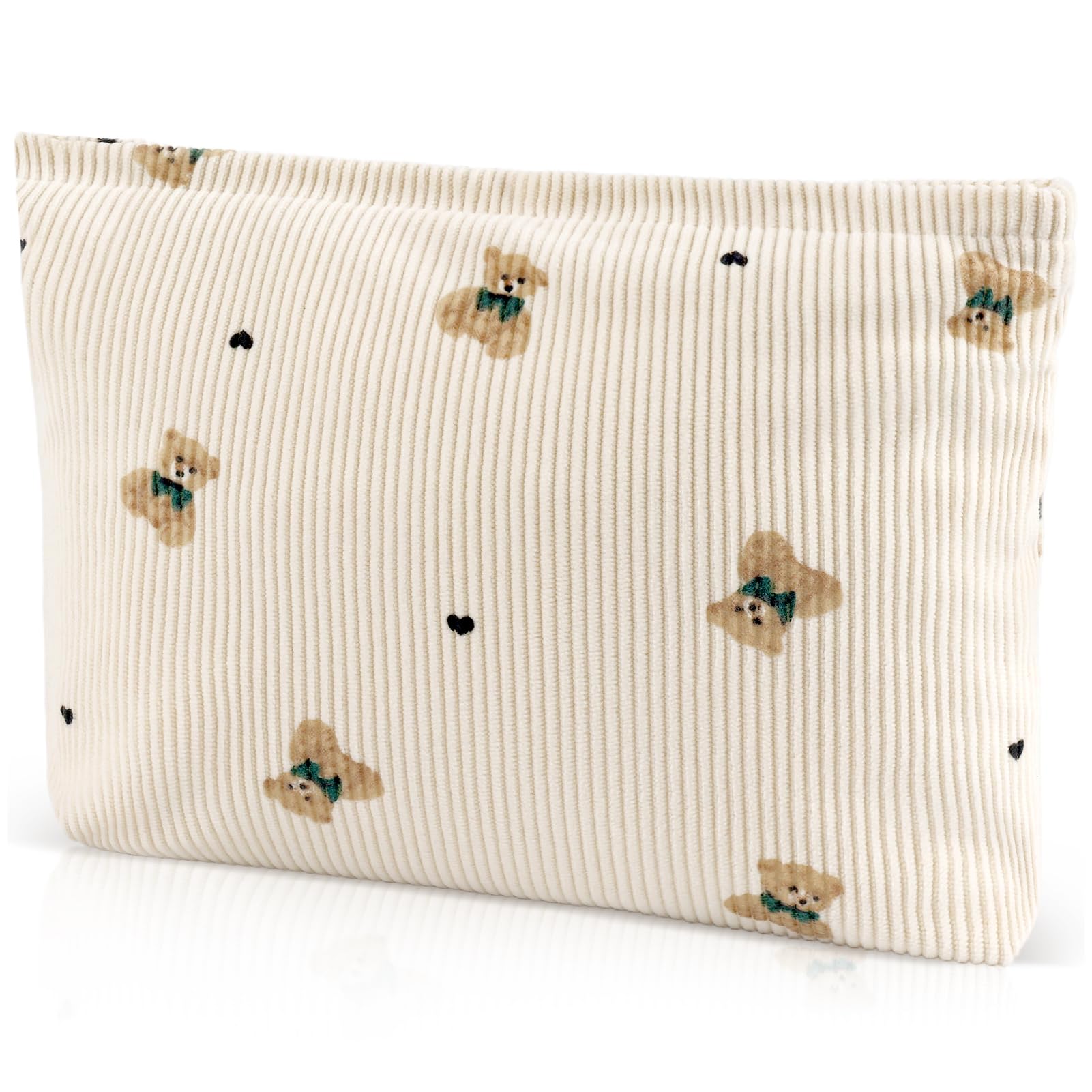 ZLFSQR Corduroy Makeup Bag for Women Small Corduroy Cosmetic Bag Large Cute Bear Travel Makeup Pouch for Purse White Cloth Cosmetic Pouch Zipper
