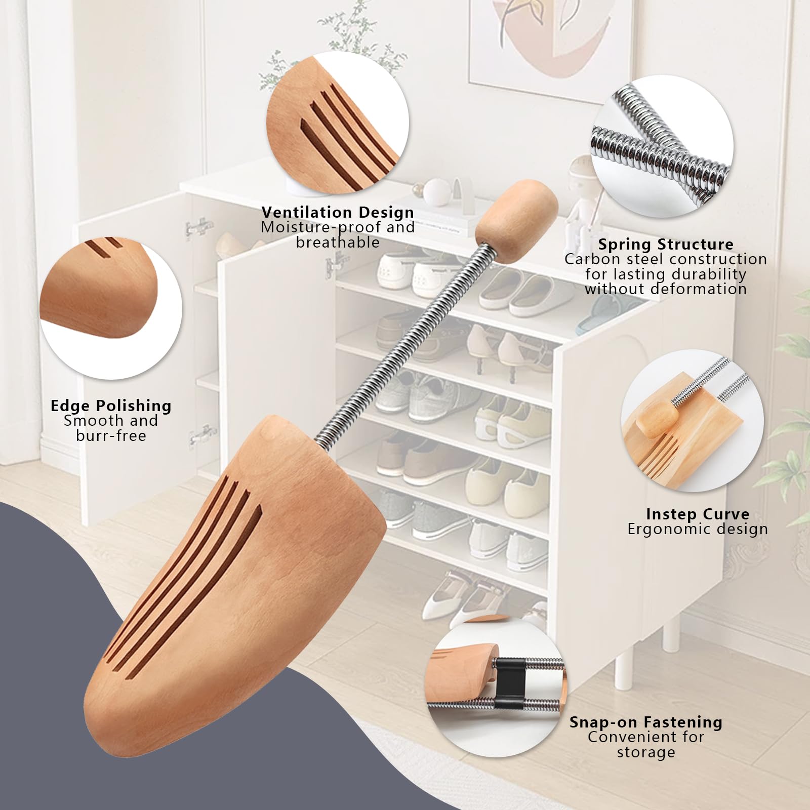 Árboles de madera para zapatos (paquete de 2) con cepillo de crin de caballo, estiradores de zapatos ajustables para hombres y mujeres para mantener la forma y reducir las arrugas, kit de