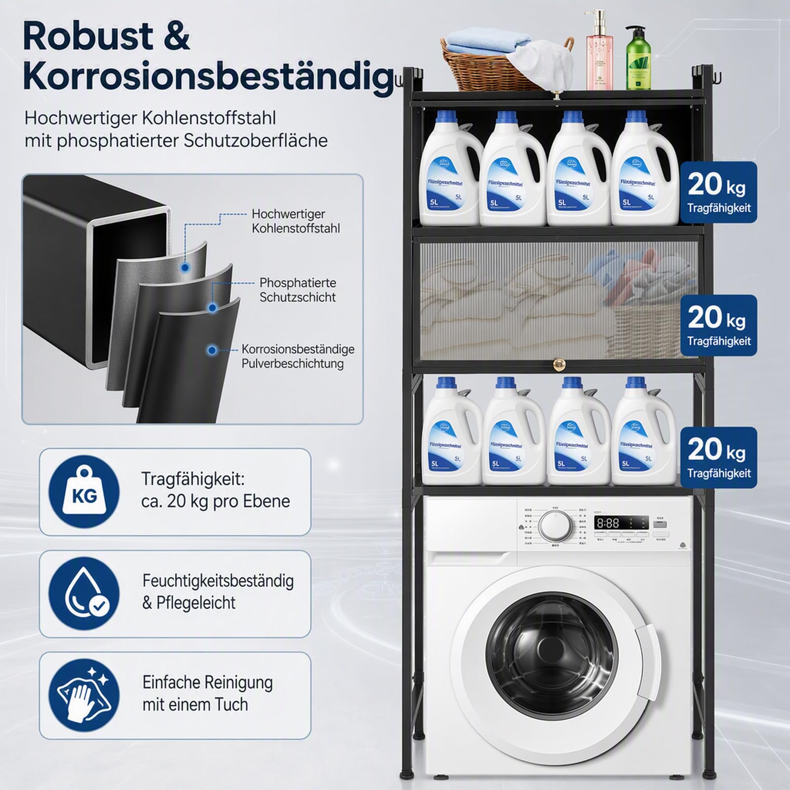 Aufbewahrungsregal mit Schrank,Waschmaschinenschrank Badezimmerschrank für Waschmaschine/Trockner, Waschmaschinen Regal Waschmaschinenschrank,für Küchen, Bäder,Waschküchen,Garagen (Schwarz)