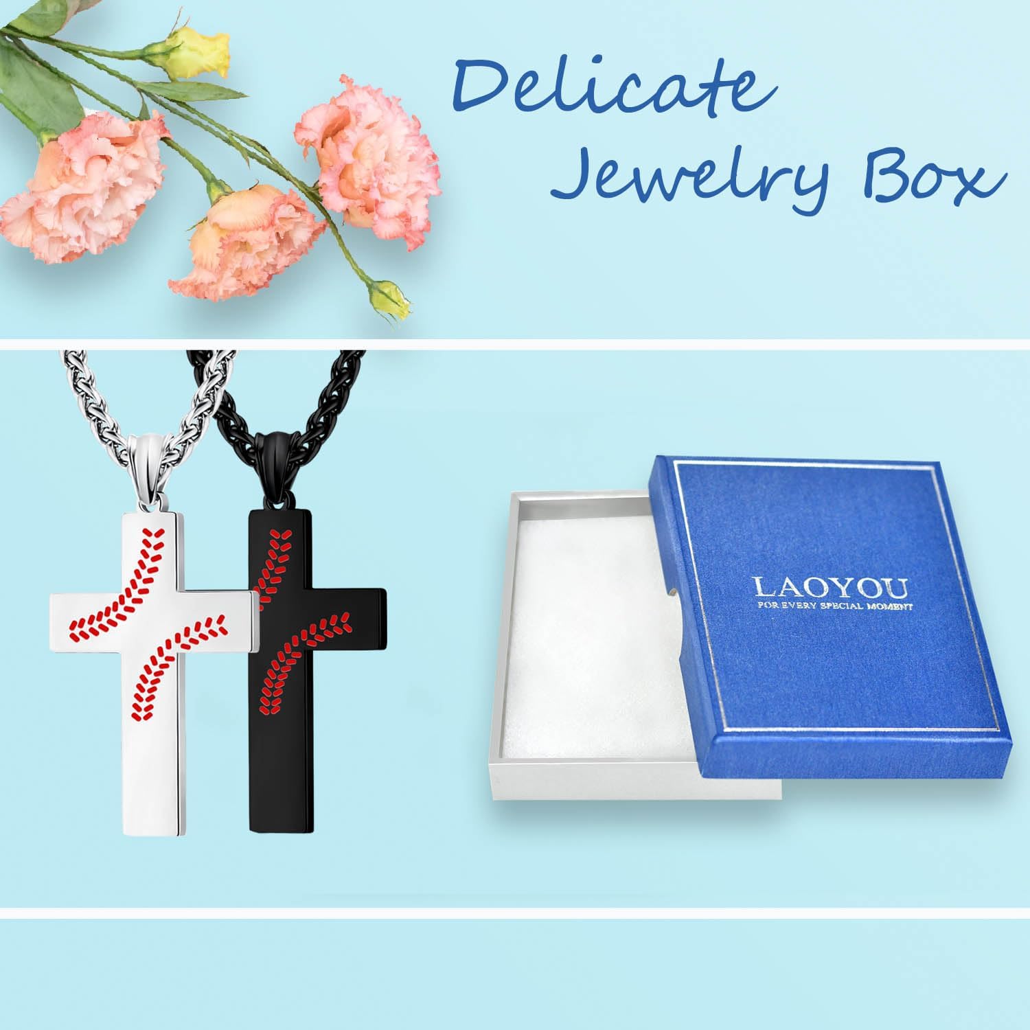 LAOYOU 2Pcs Baseball Cross Necklaces For Men with Bible Verse, Black & Silver Tone Stainless Steel Jewelry Gift Religious Sport Inspirational Quote Necklace with Gift box - Image 2