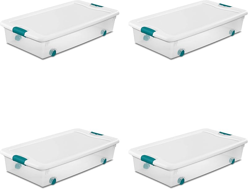 56 Qt Wheeled Latching Storage Box, Stackable Bin with Latch Lid, Plastic Container to Organize Shoes Underbed, Clear with White Lid, (Pack of 4)