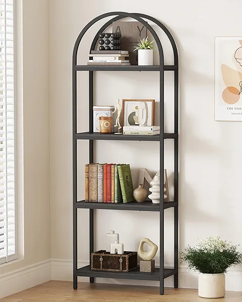 Yusong Bookshelf 4 Tier Arched Bookcase, 71.3" Tall Industrial Open Book Shelves for Living Room, Modern Freestanding Display Shelving Unit Storage Rack with Metal Frame, Office, Bedroom, Black