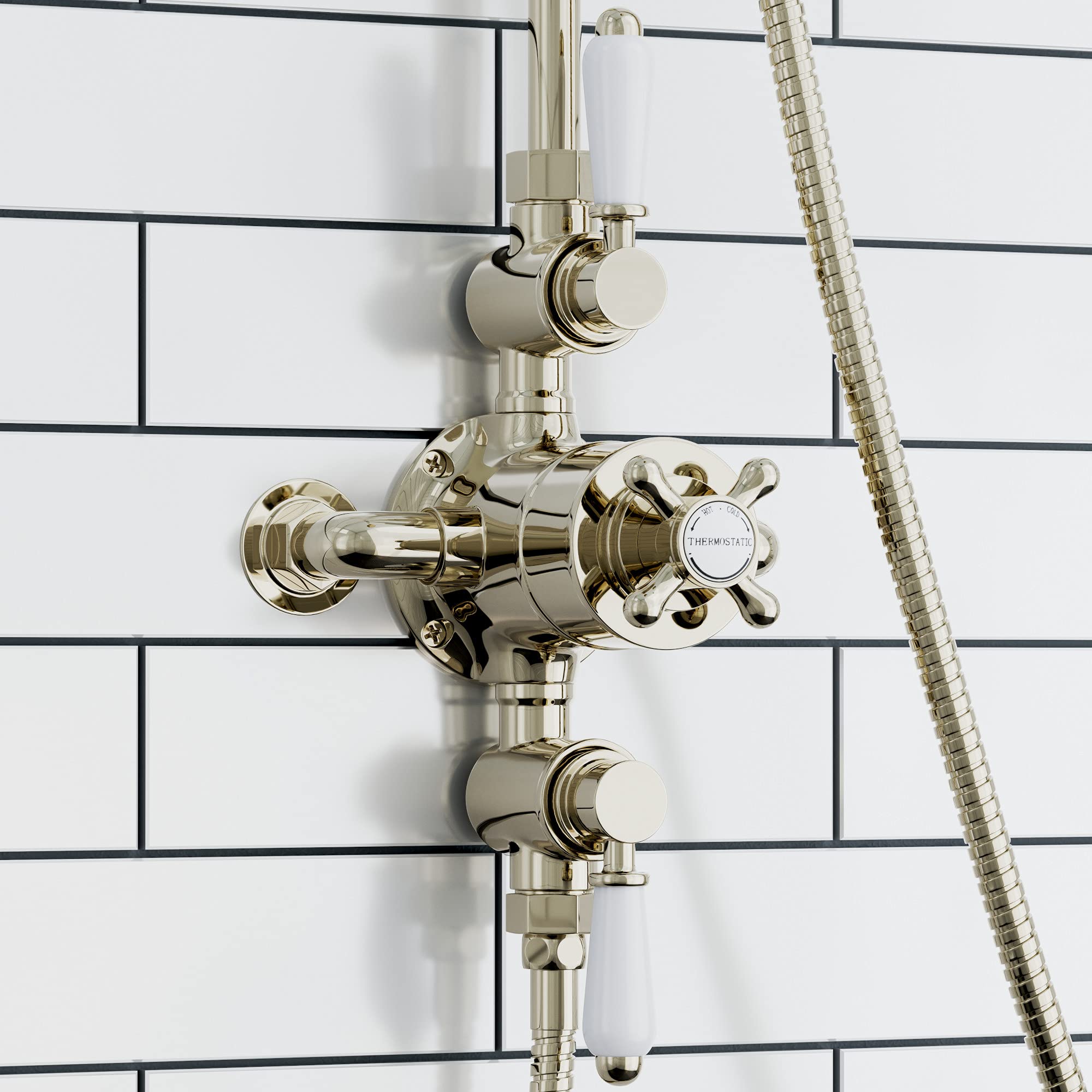 Enki Gold And White Downton T68, Double Shower Outlet, Triple Thermostatic Valve, Gold & White Tap Attachment, Classic Shower Valve