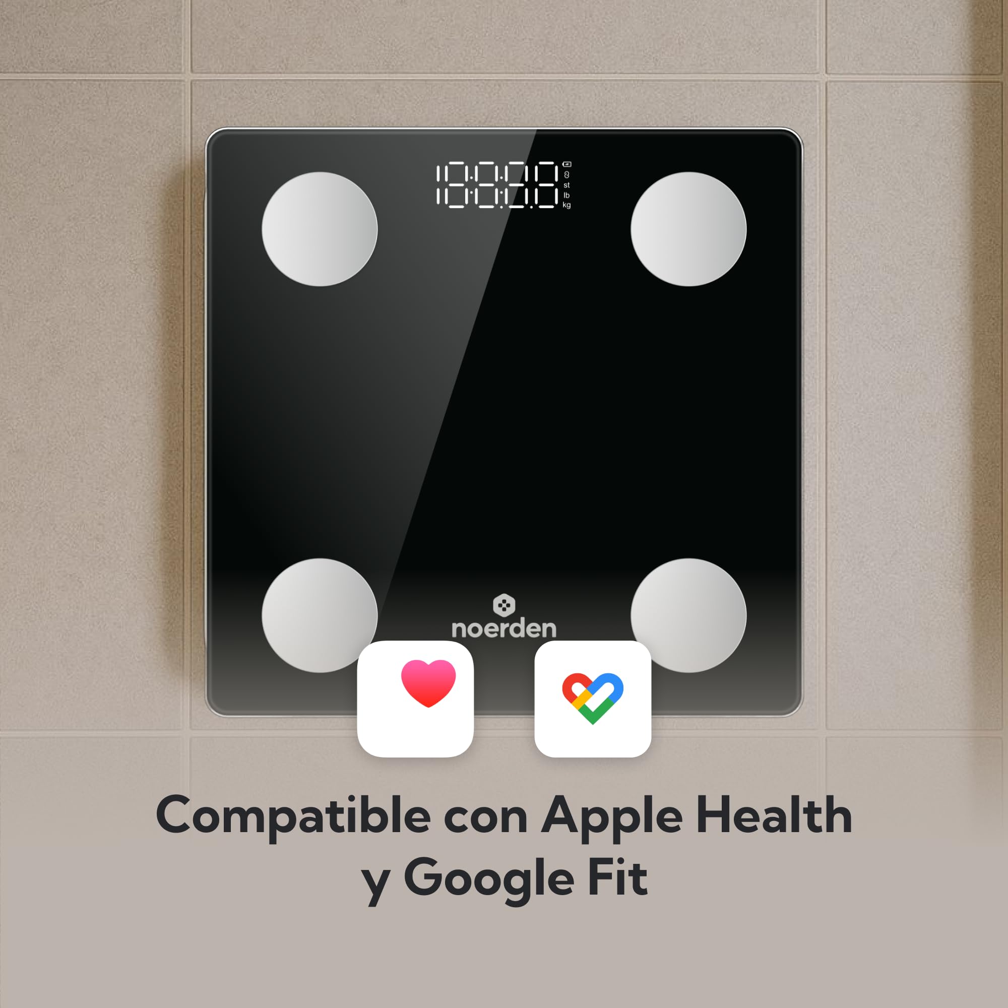 NOERDEN - Báscula Inteligente VITA - Báscula de Peso Corporal - Tecnología Step-On, Bluetooth, Pantalla LED y Vidrio Templado - Analiza 13 Métricas Corporales - Negro