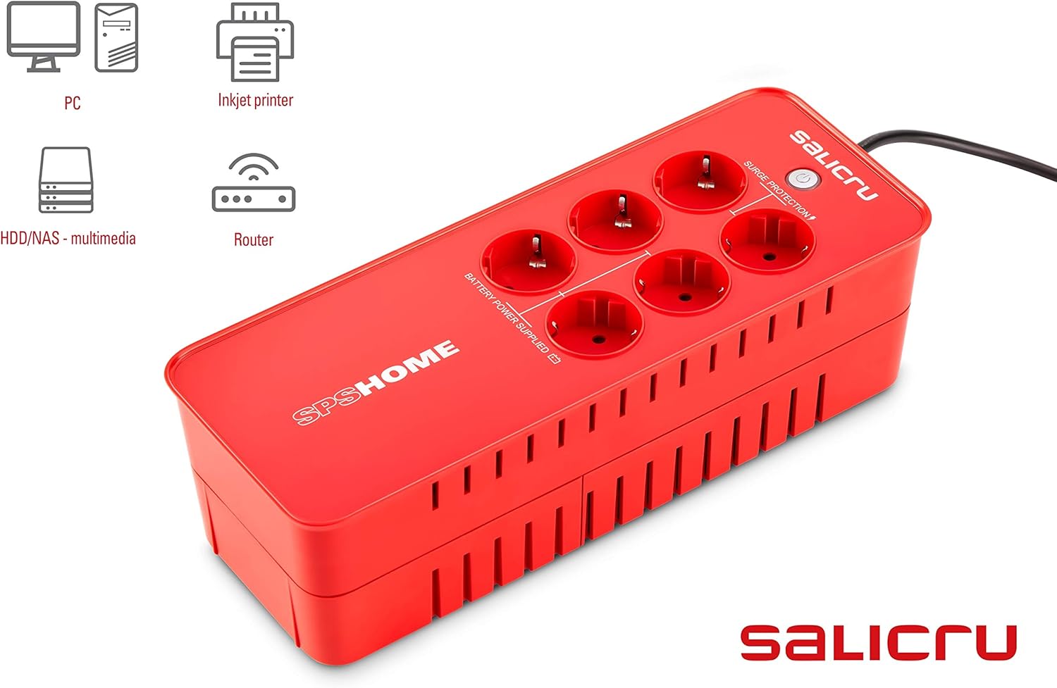 Salicru SPS 650 HOME UPS with icons for PC, inkjet printer, HDD/NAS, and router