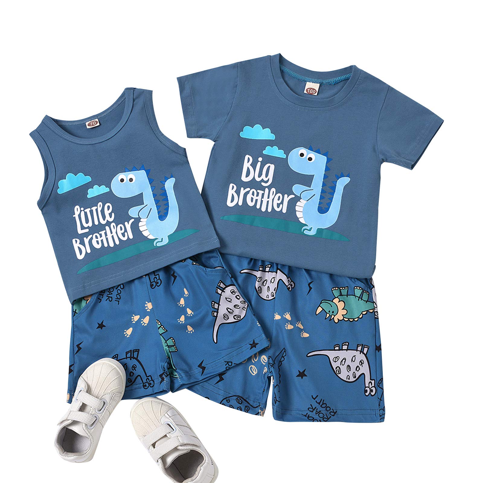 Big Brother Little Brother Matching Outfits 0-6T Toddler Kids Boy Short Sets T-Shirt Top Dinosaur Pant Summer Clothes (Blue-Dinosaur(Little Brothe), 12-18 Months)