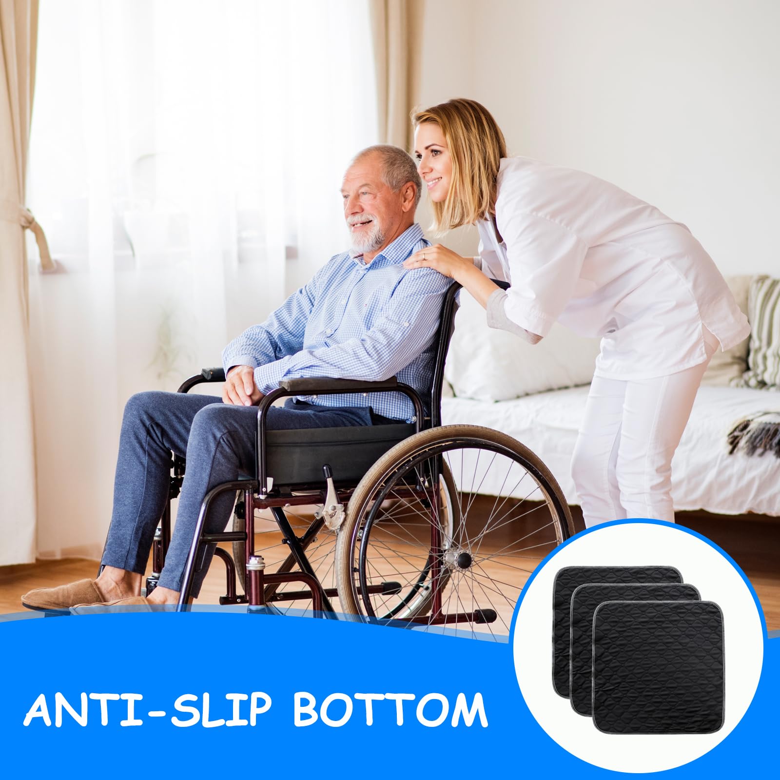 Lot de 3 Tapis d'Incontinence Lavables 50x50 cm Coussinets Incontinence Adulte Réutilisables Coussin de Protection Antidérapant pour Fauteuil Roulant, Lit, Canapé et Voiture