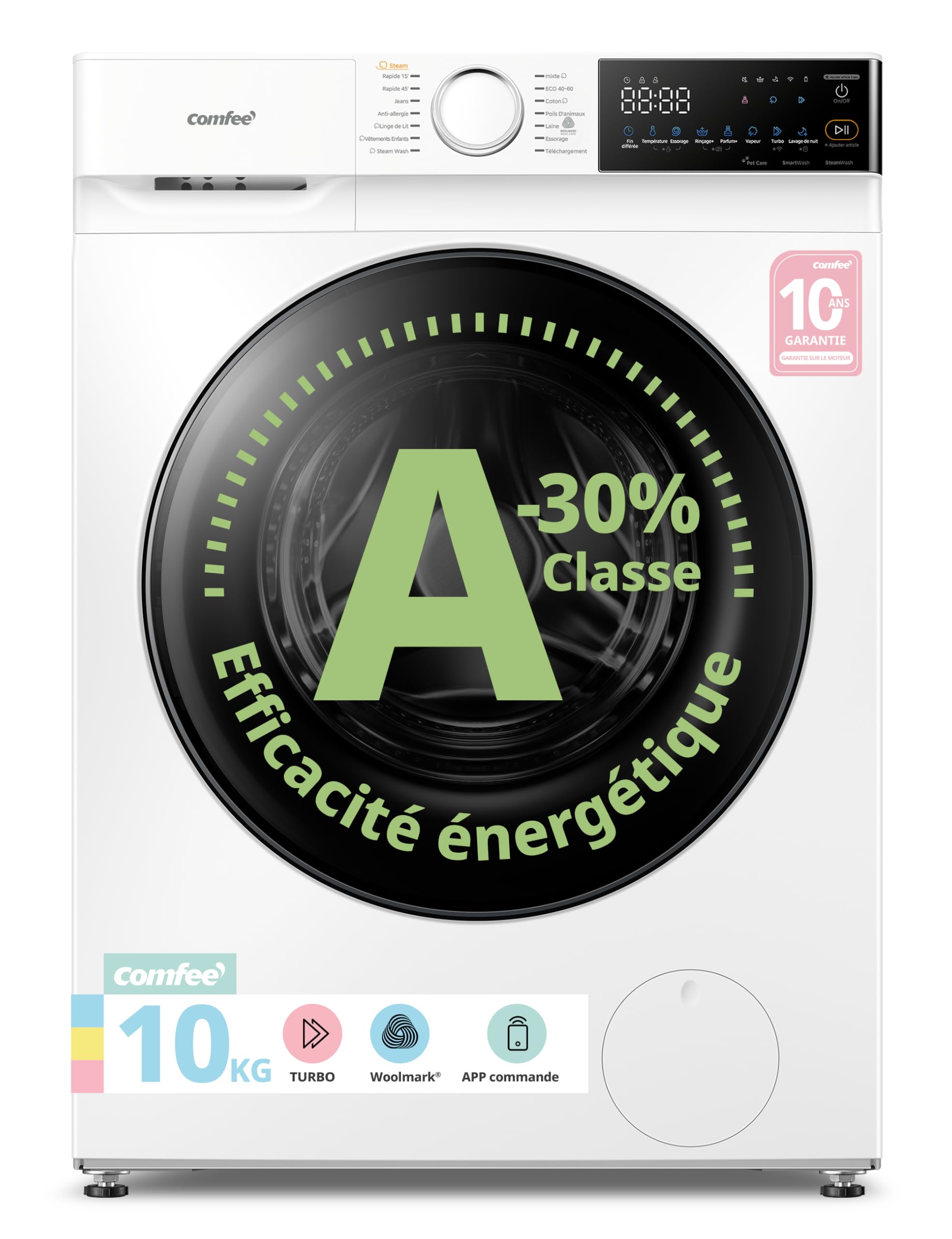 COMFEE' Lave Linge 10kg Classe énergétique A-30% 14 programmes Lavage intelligent contrôlable à distance Élimination des poils d'animaux Parfum+ Blanc