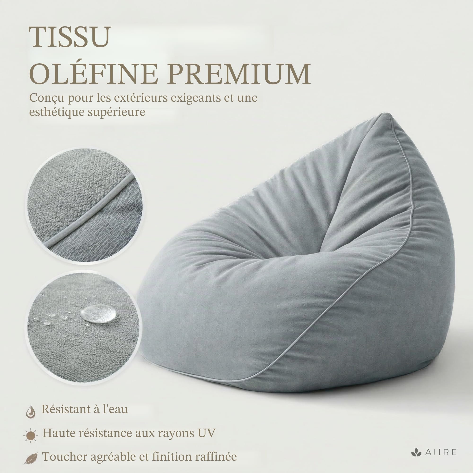 Aiire Pouf Exterieur XXL Design - Bean Bag Poire avec Remplissage pour Piscine et Jardin - Coussin de Sol ou Fauteuil de Lecture Géant - Pouffe Adulte, Gamer ou Ado Gris