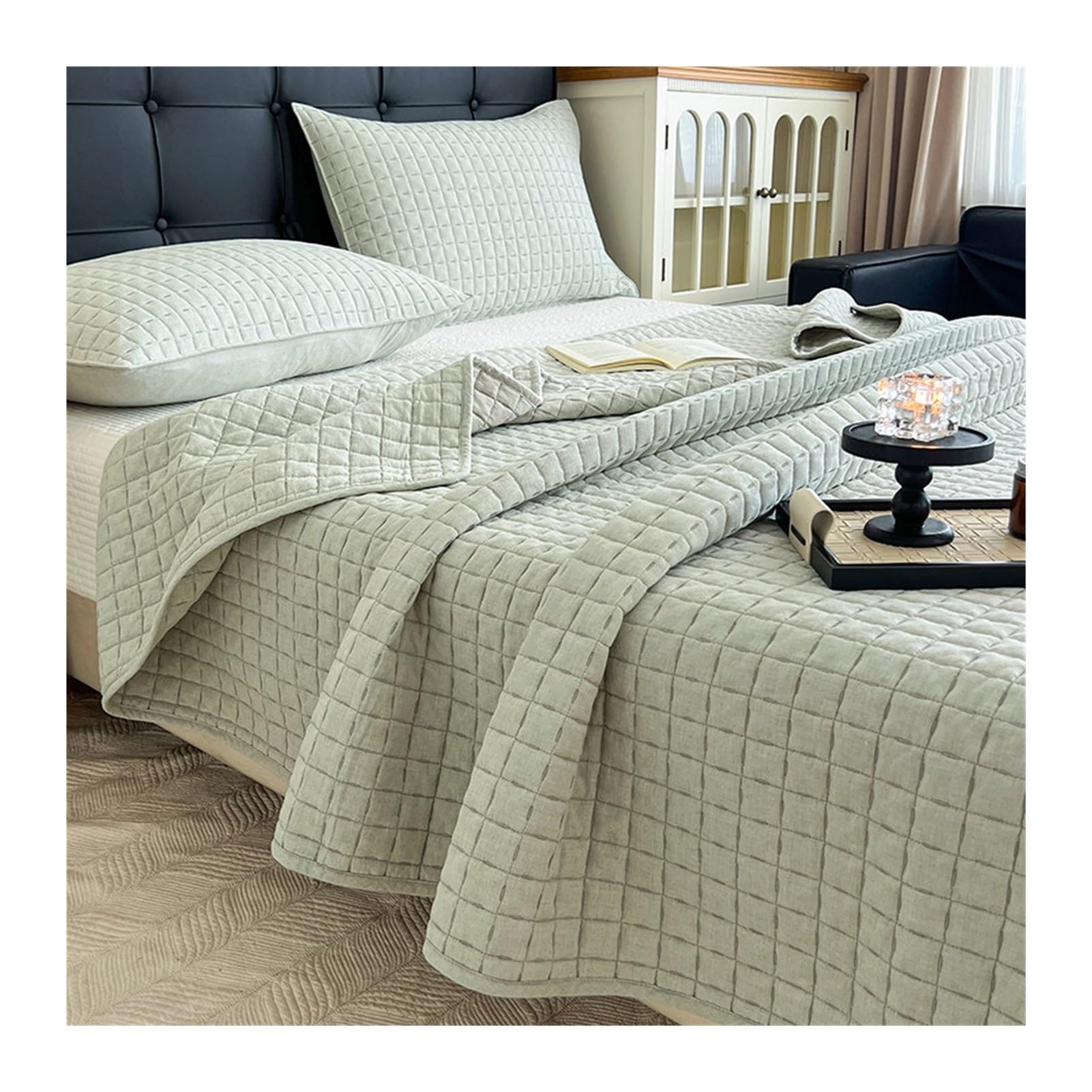 GBHMJU Twin Full/Queen Reversible Quilt Set with 1 Quilt 2 Pillow Shams, Soft Bed Quilt Cover Lightweight Linen Cotton Lightweight Bedspread for All Seasons(Green,200x230cm+48x74cm x2)