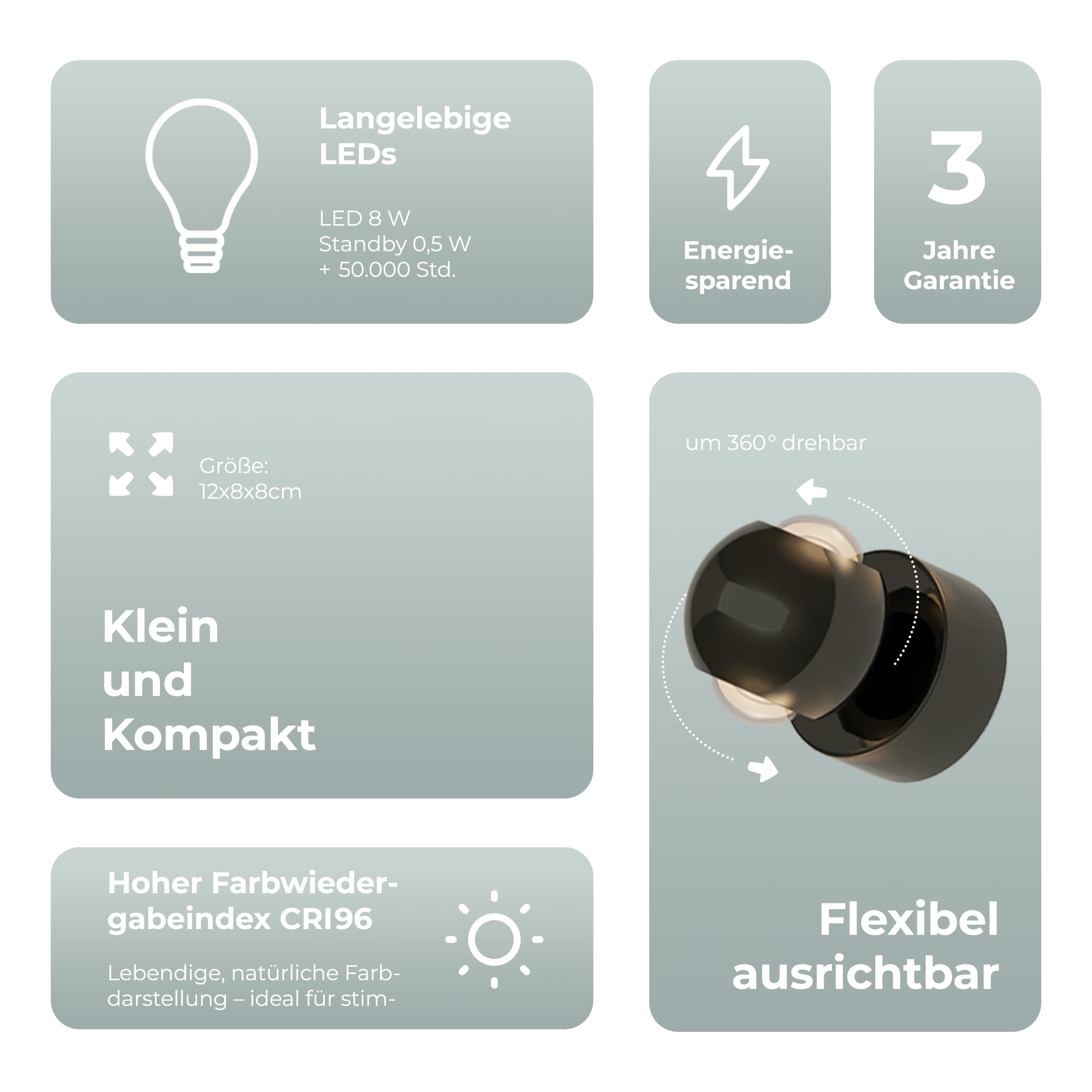 NEONA PONTOS LED Wandleuchte – dimmbar per Fernbedienung, warmweiß (2700 K), CRI 96, 360° drehbar, hochwertige Aluminium‑Glas Bauform, Designer‑Licht, 8 cm Durchmesser (Schwarz Chrom)